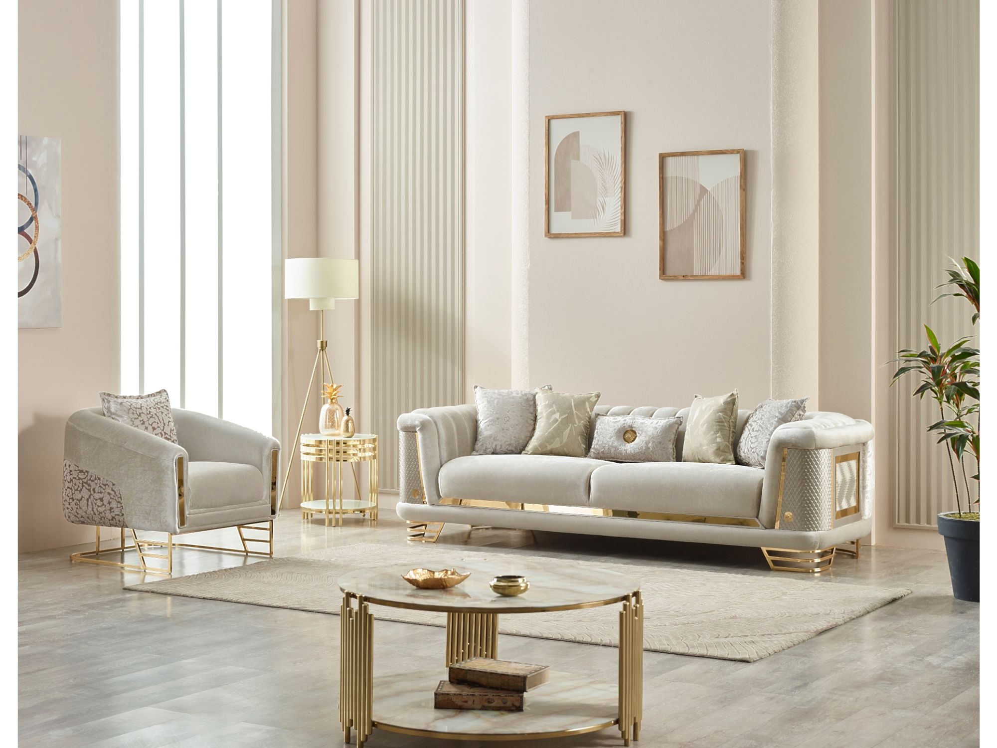 Romans Stationary Livingroom (2 Sofa & 2 Chair) Cream