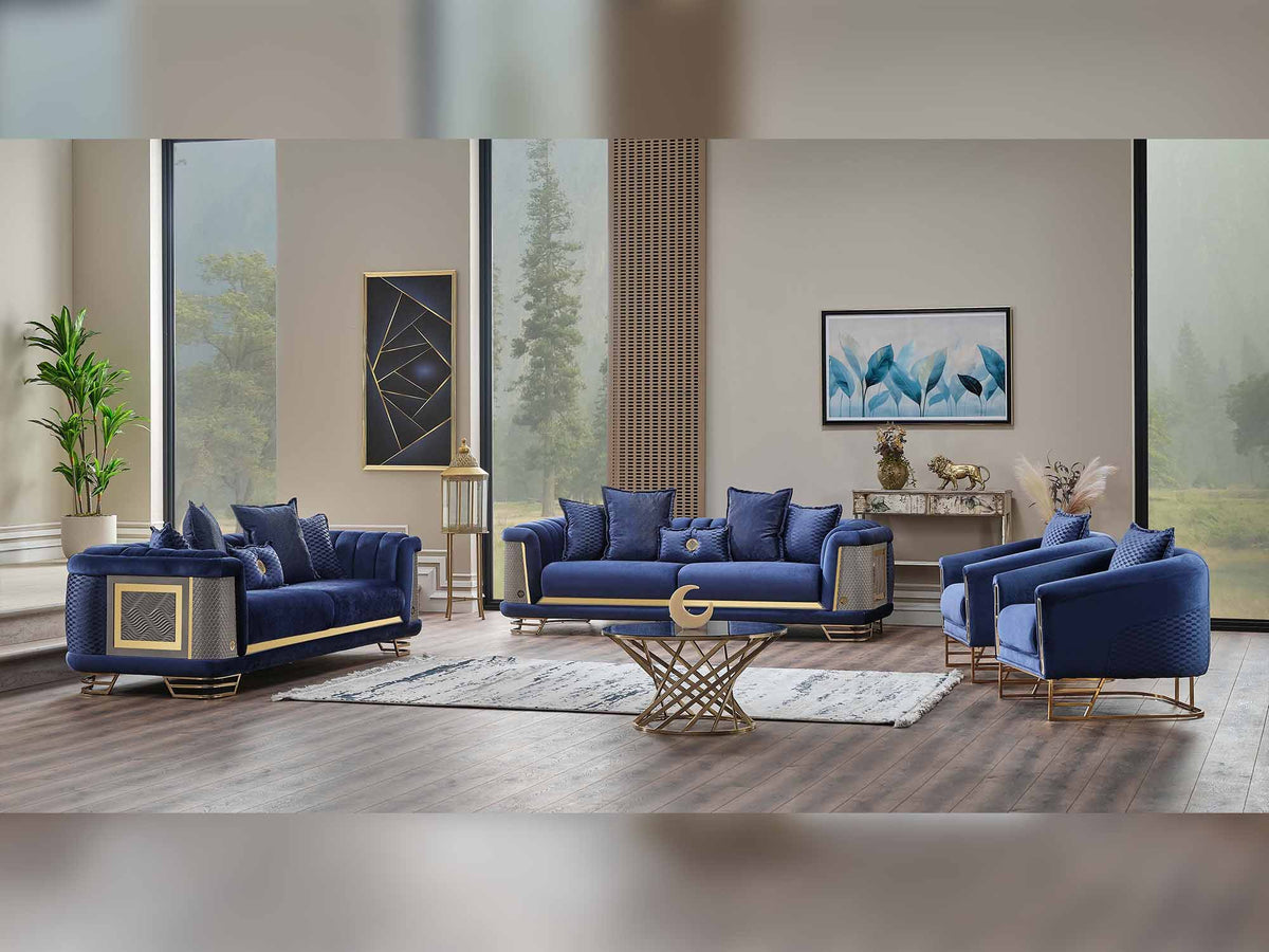 Romans 4-pieces (2 Sofa & 2 Chair) Livingroom Set Navy Blue
