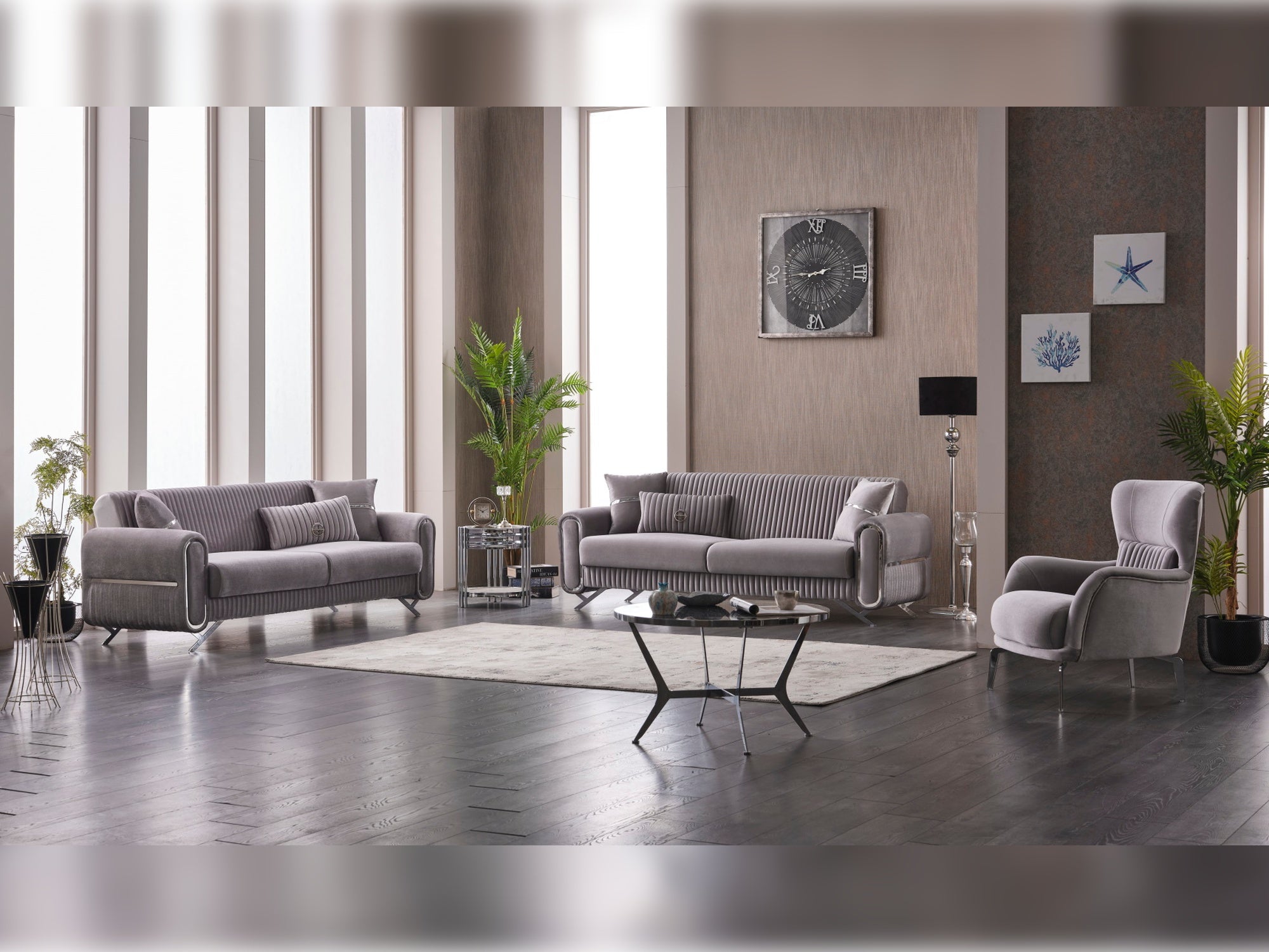 Royal Convertible Livingroom Set (2 Sofa & 2 Chair) Light Grey