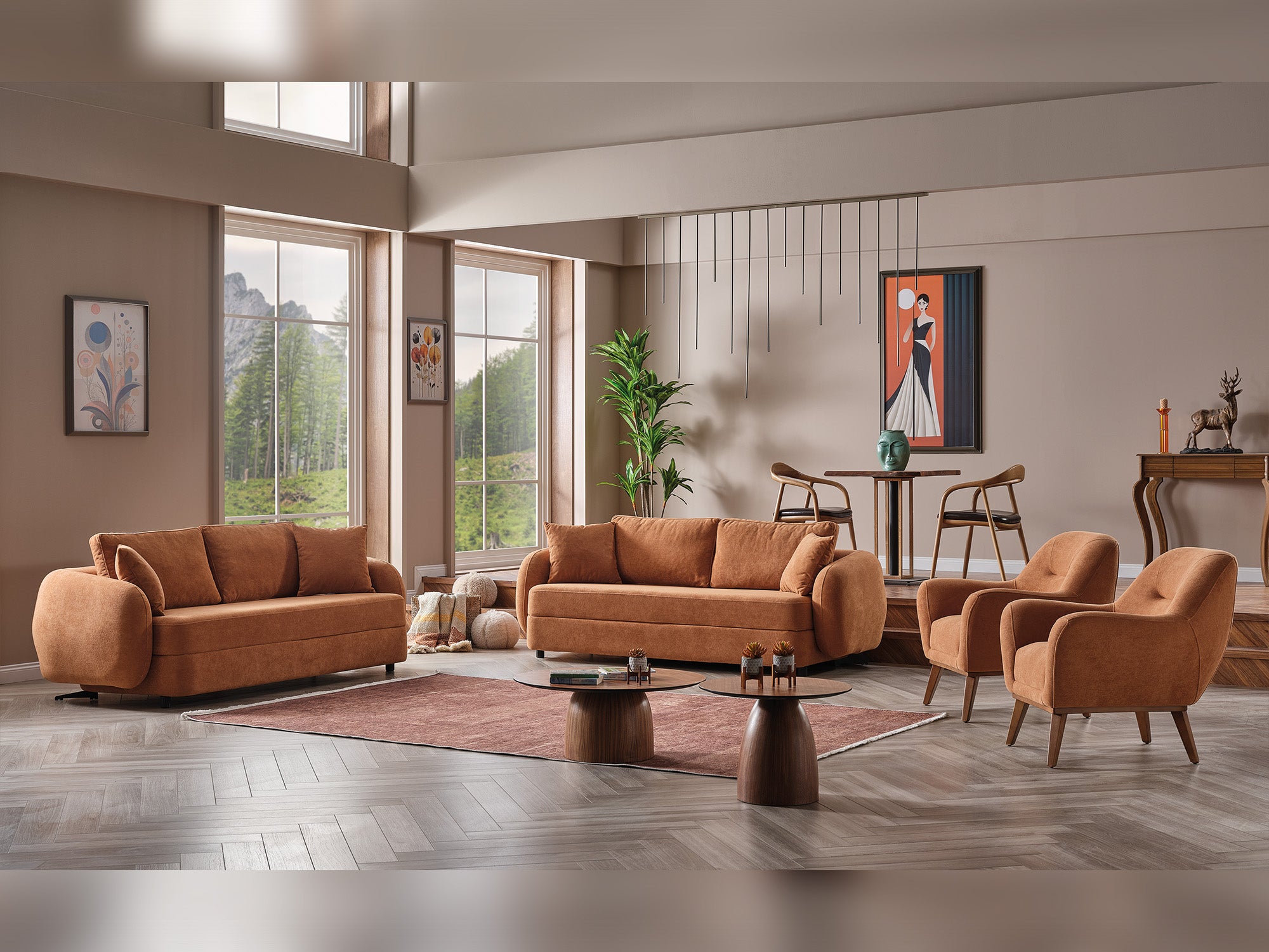 Toscana 4-pieces (4 Seater Sofa & 3 Seater Sofa & 2 Chair) Livingroom Set Orange - Green