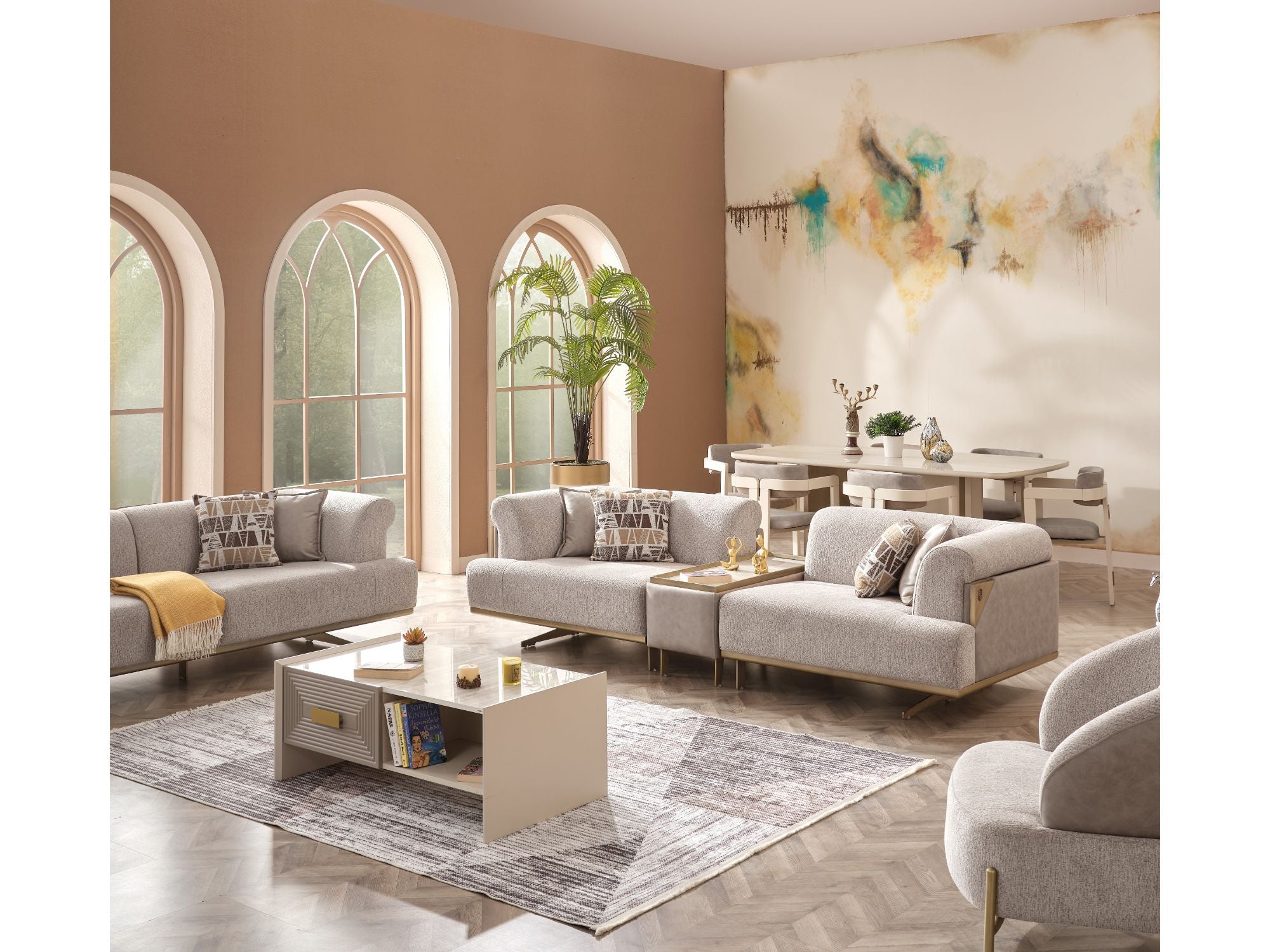 Urla Stationary Livingroom Set (1 Sofa & 1 Module Sofa & 2 Chair) Cream