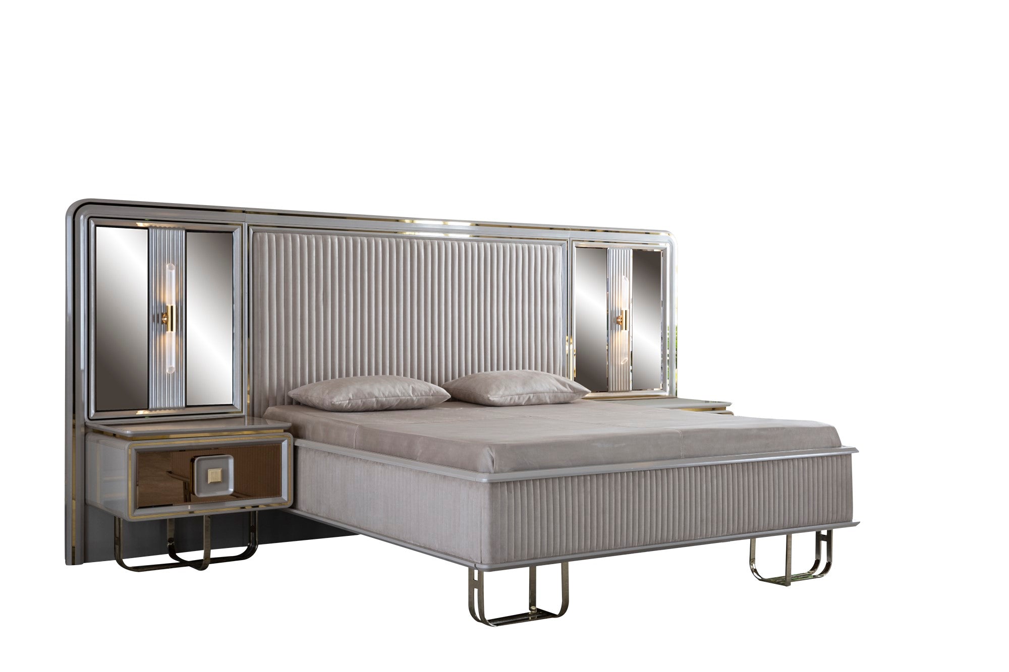 Barcelona Bedroom (Queen Storage Bed With Headboard & Dresser With Mirror & Pouf & 2 Nightstand With Back Panel & Bench)