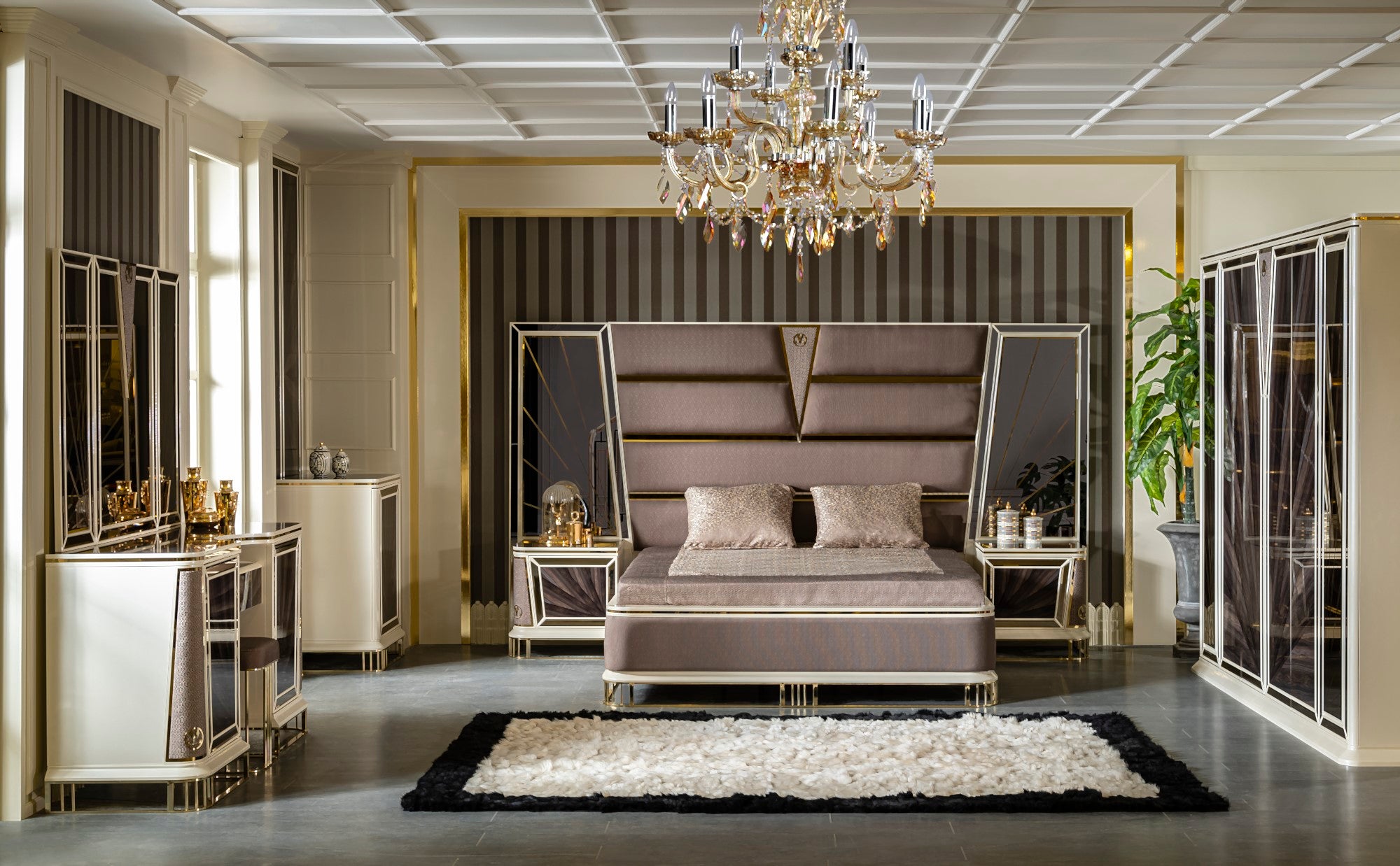 Bugatti Bedroom (Queen Storage Bed With Headboard & Dresser With Mirror & Pouf & 2 Nightstand With Back Panel)