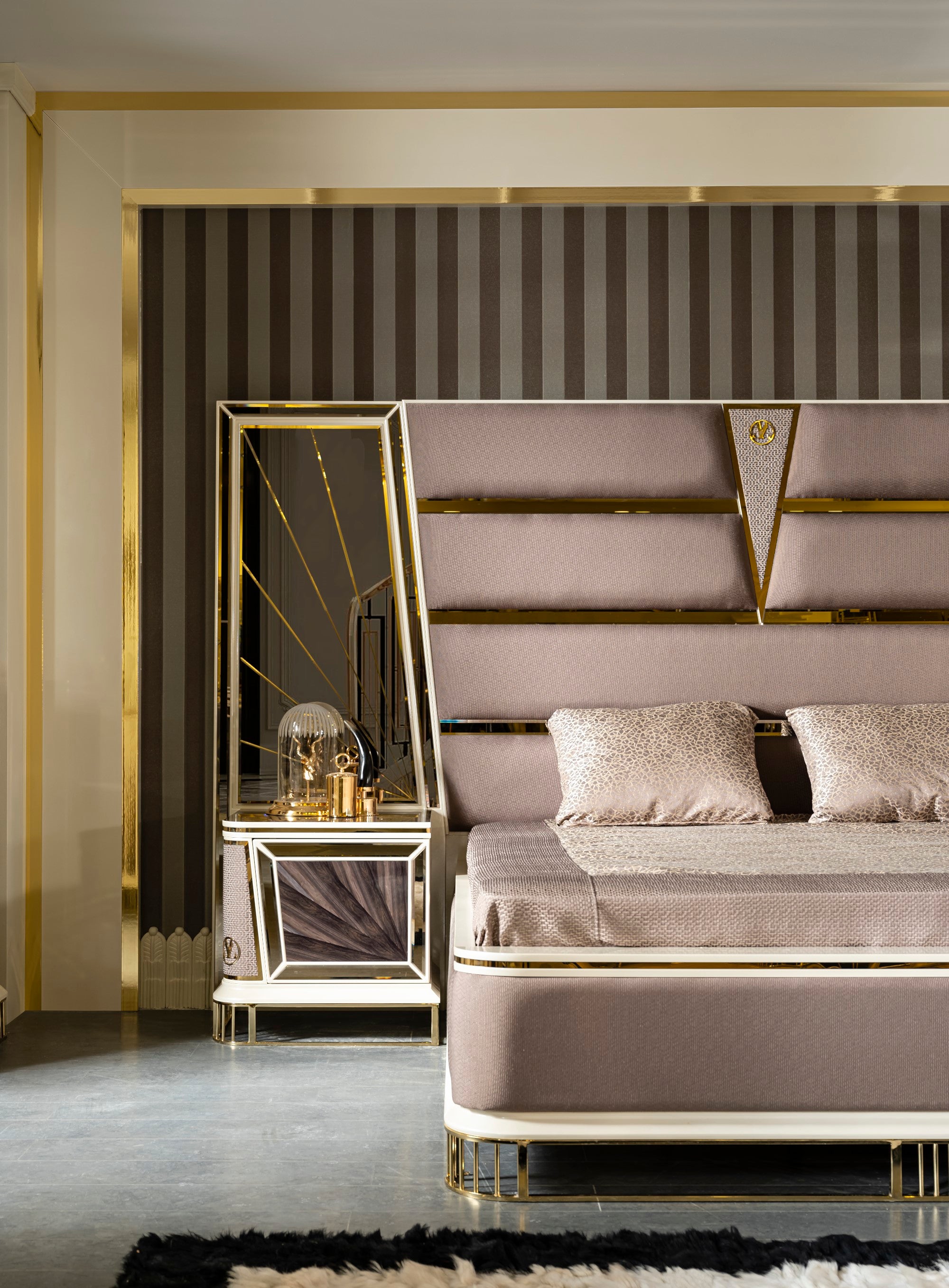 Bugatti Bedroom (Queen Storage Bed With Headboard & Dresser With Mirror & Pouf & 2 Nightstand With Back Panel)