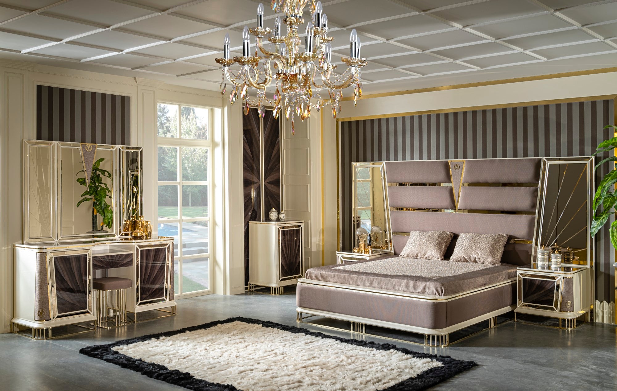 Bugatti Bedroom (Queen Storage Bed With Headboard & Dresser With Mirror & Pouf & 2 Nightstand With Back Panel)