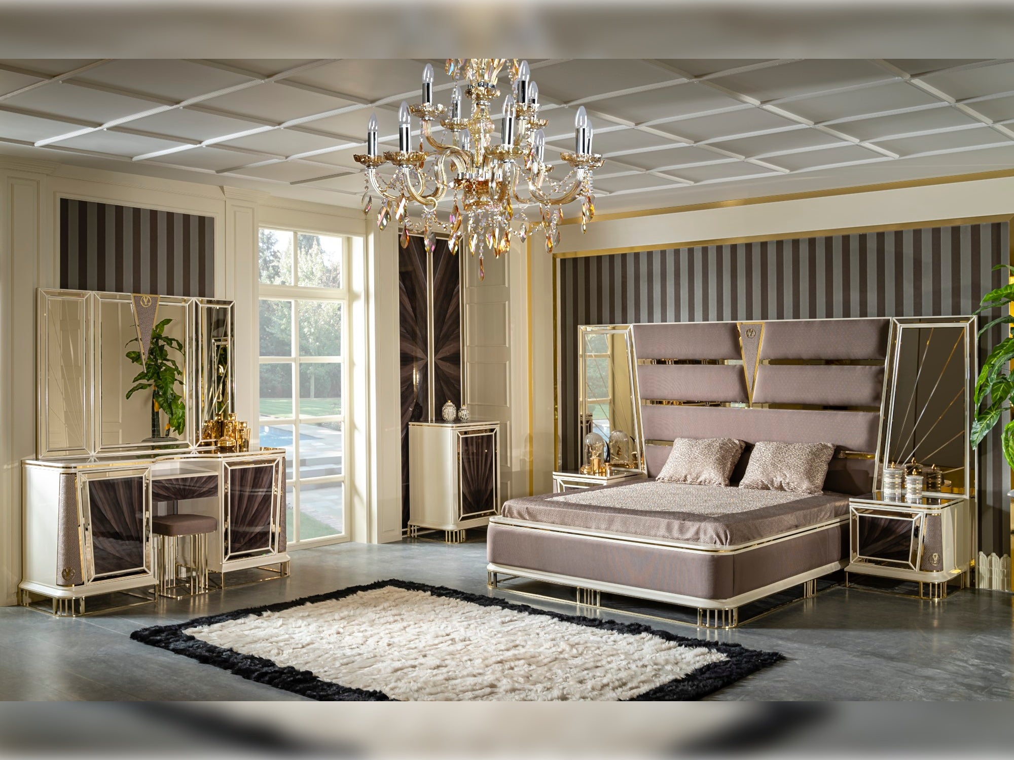 Bugatti Bedroom (Queen Storage Bed With Headboard & Dresser With Mirror & Pouf & 2 Nightstand With Back Panel)