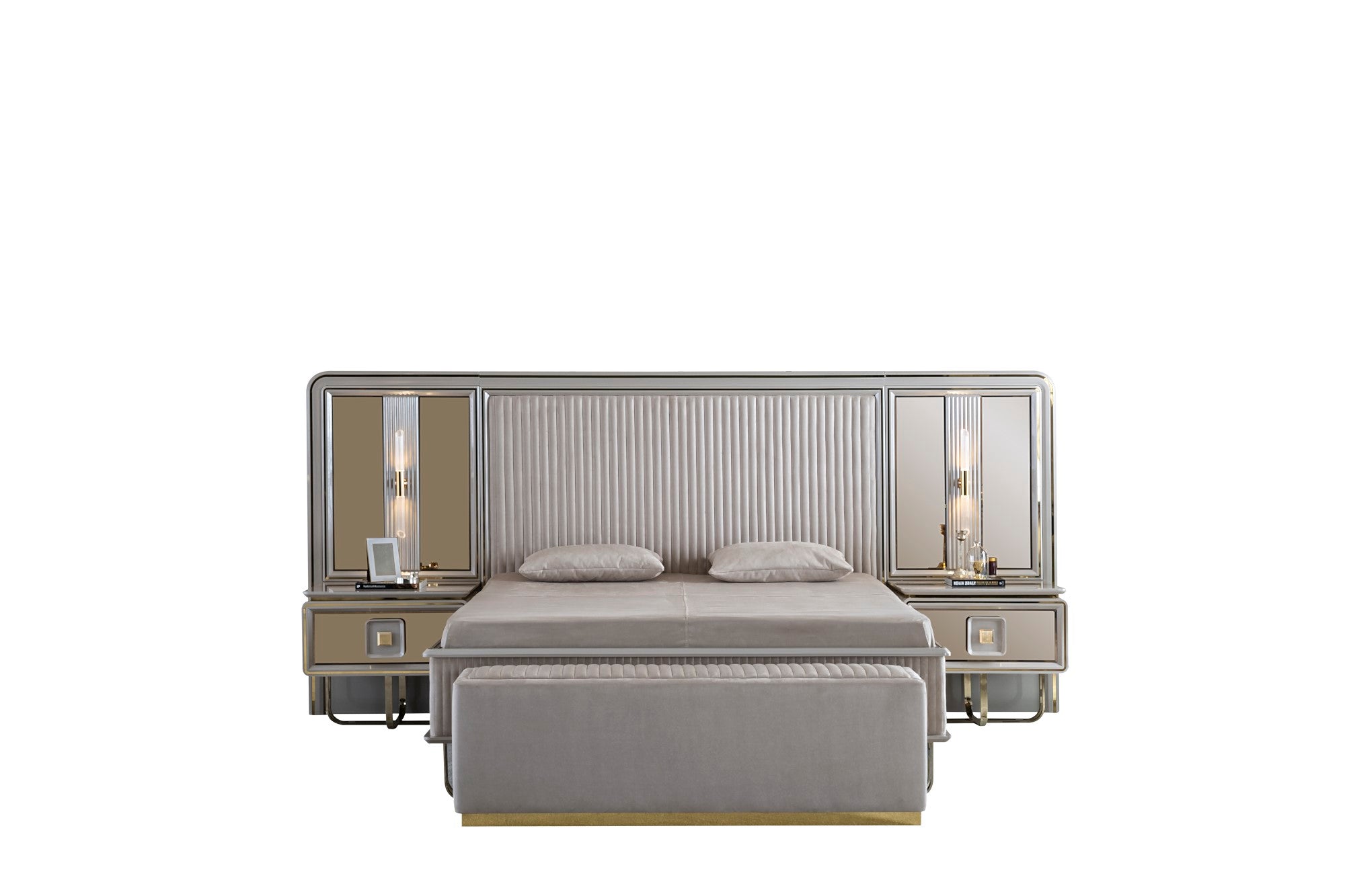 Barcelona Bedroom (Queen Storage Bed With Headboard & Dresser With Mirror & Pouf & 2 Nightstand With Back Panel & Bench)