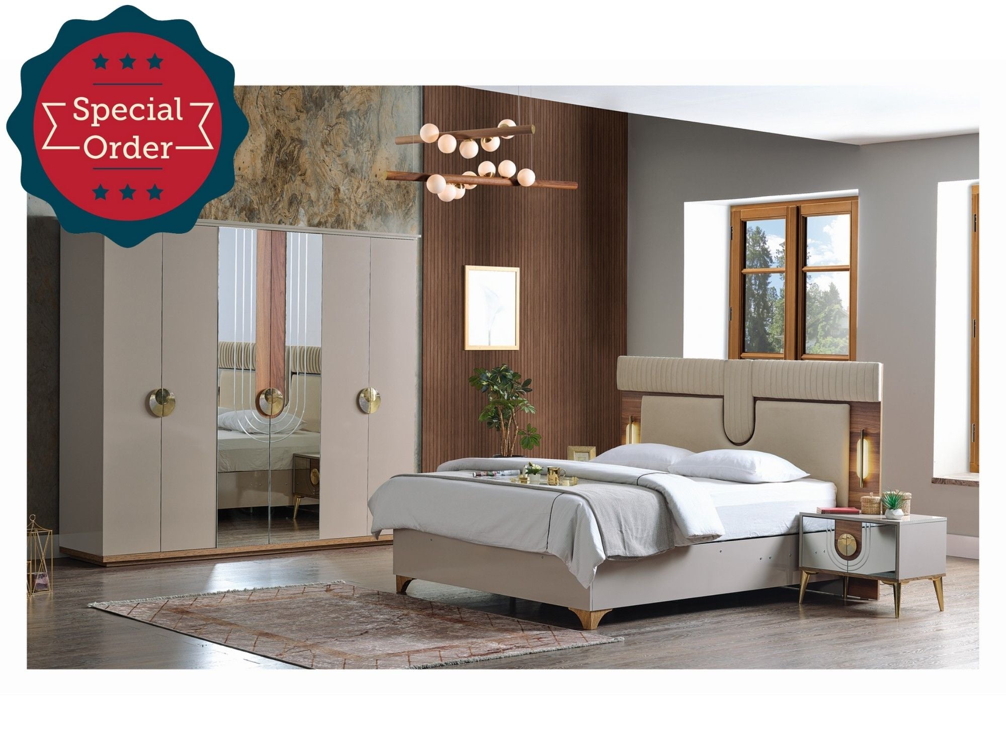 Dolunay Bedroom Set (Queen Storage Bed With Headboard & Dresser With Mirror & 2 Nightstand)