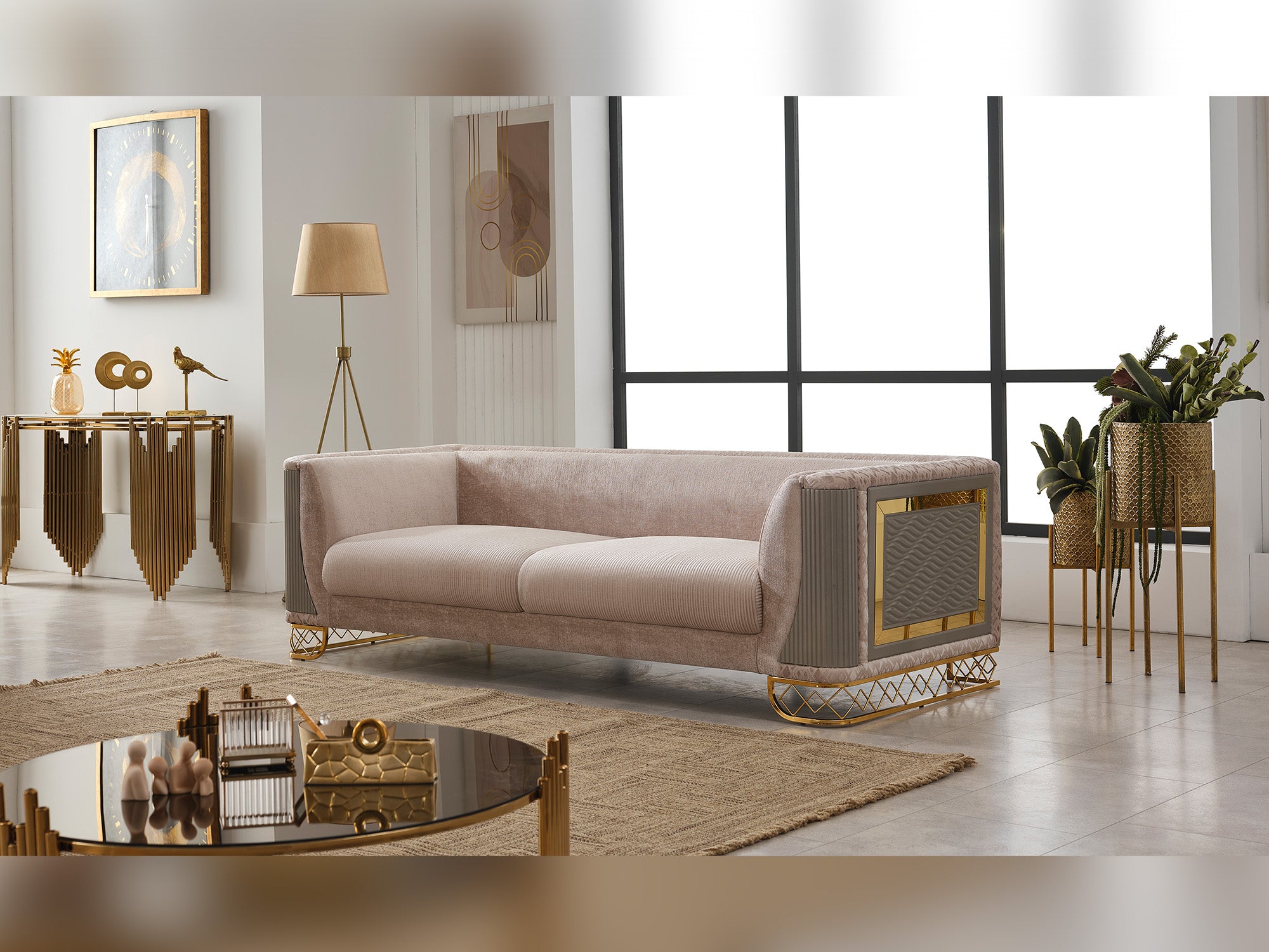 Valentino Stationary Livingroom (2 Sofa & 2 Chair) Beige
