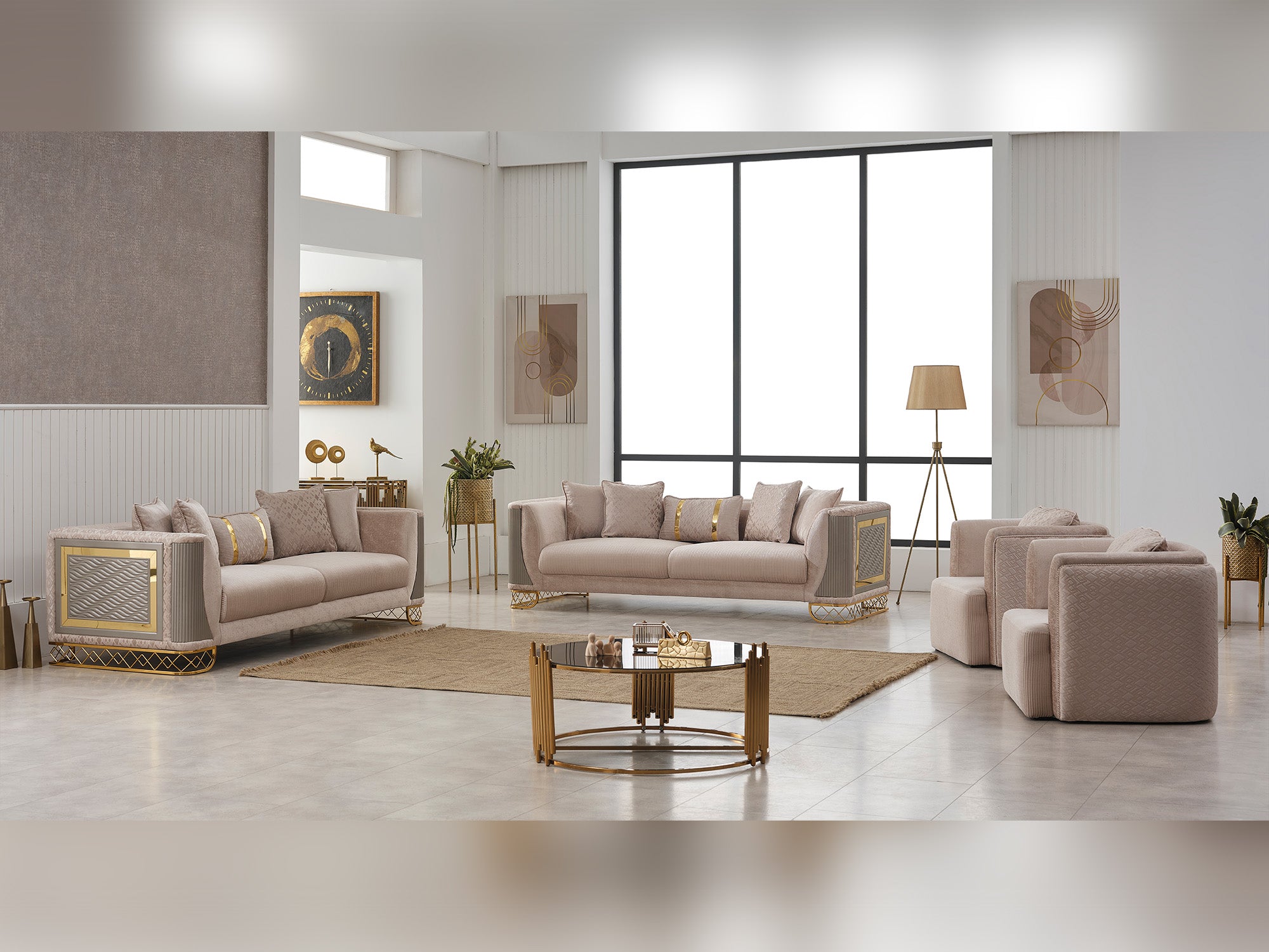 Valentino Stationary Livingroom (2 Sofa & 2 Chair) Beige