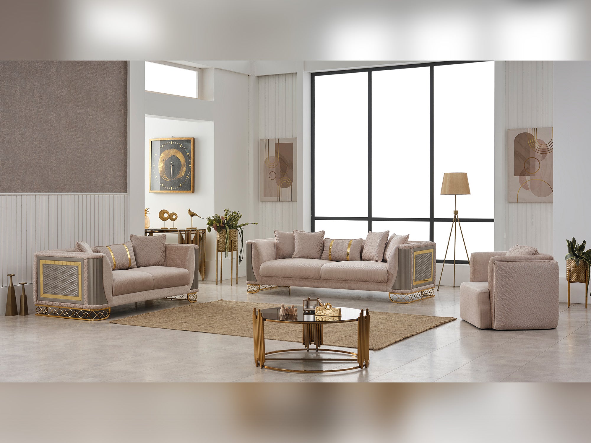 Valentino Stationary Livingroom (2 Sofa & 2 Chair) Beige
