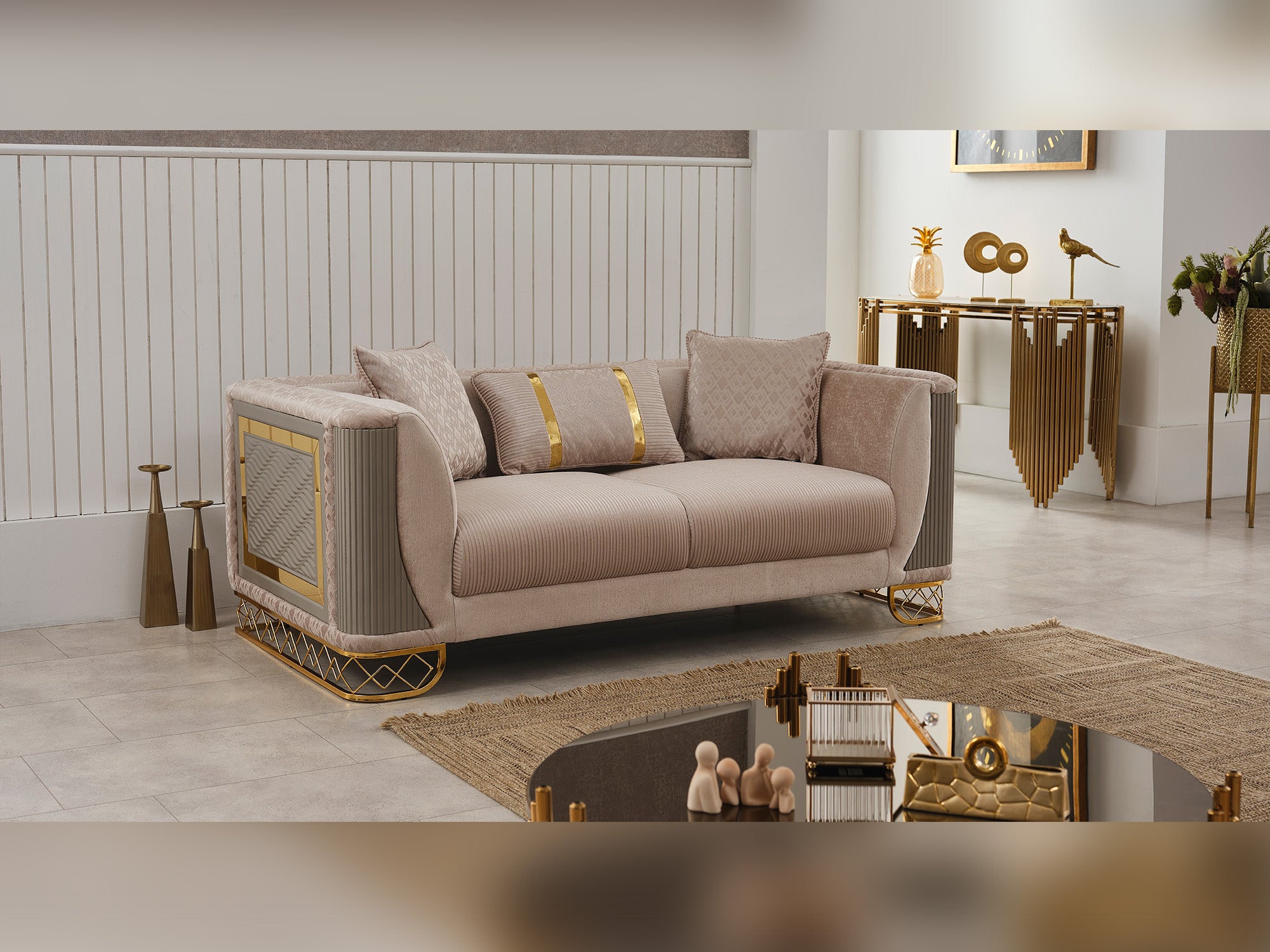 Valentino Stationary Livingroom (2 Sofa & 2 Chair) Beige
