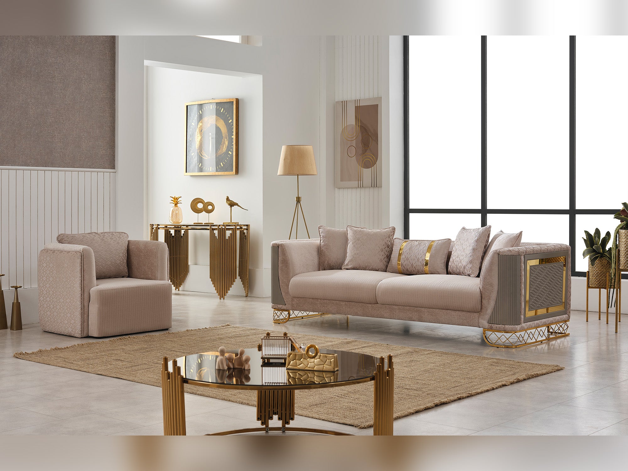 Valentino Stationary Livingroom (2 Sofa & 2 Chair) Beige
