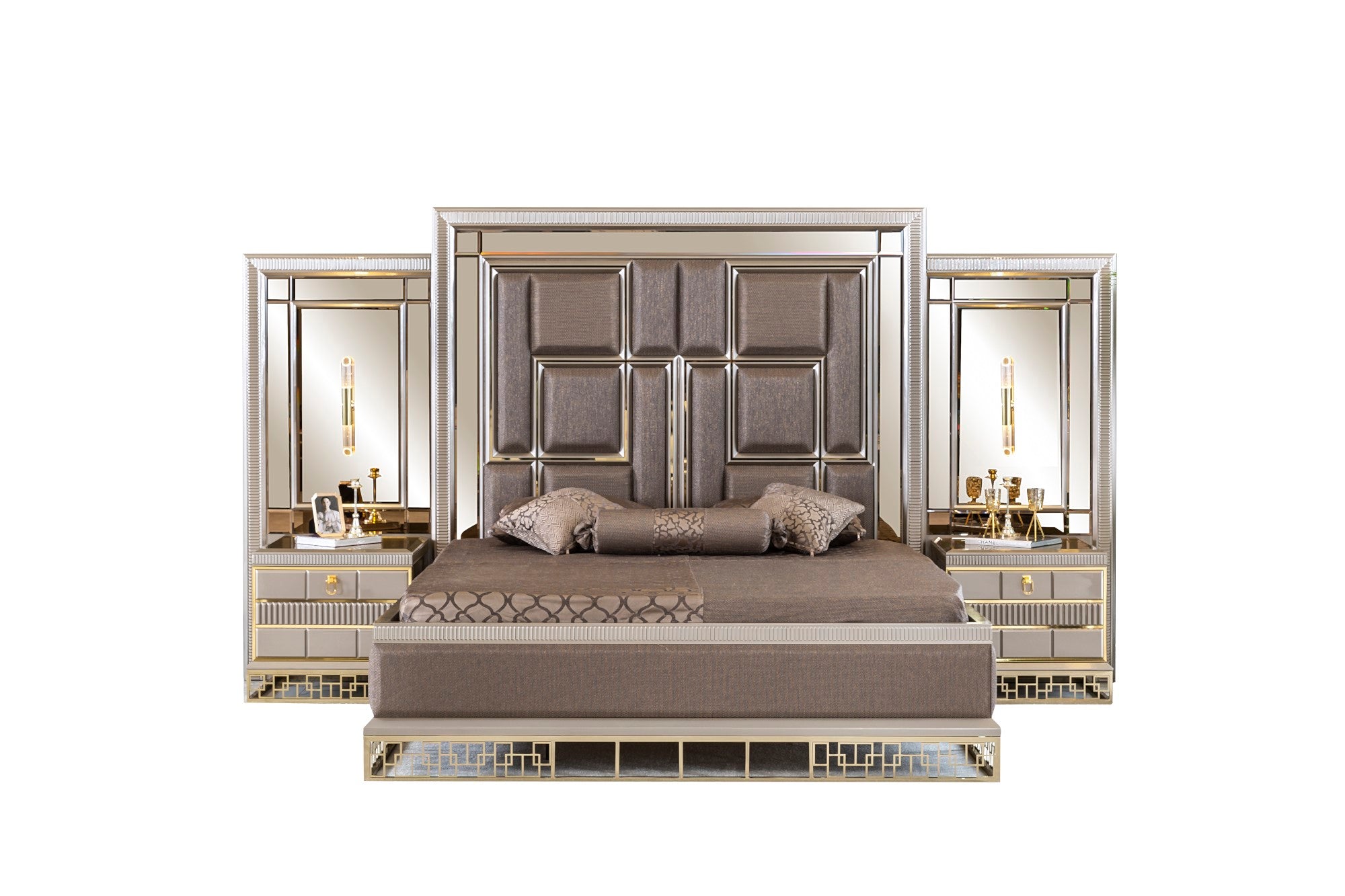 Versace Bedroom (Queen Storage Bed With Headboard & Dresser With Mirror & Pouf & 2 Nightstand With Back Panel & Bench)