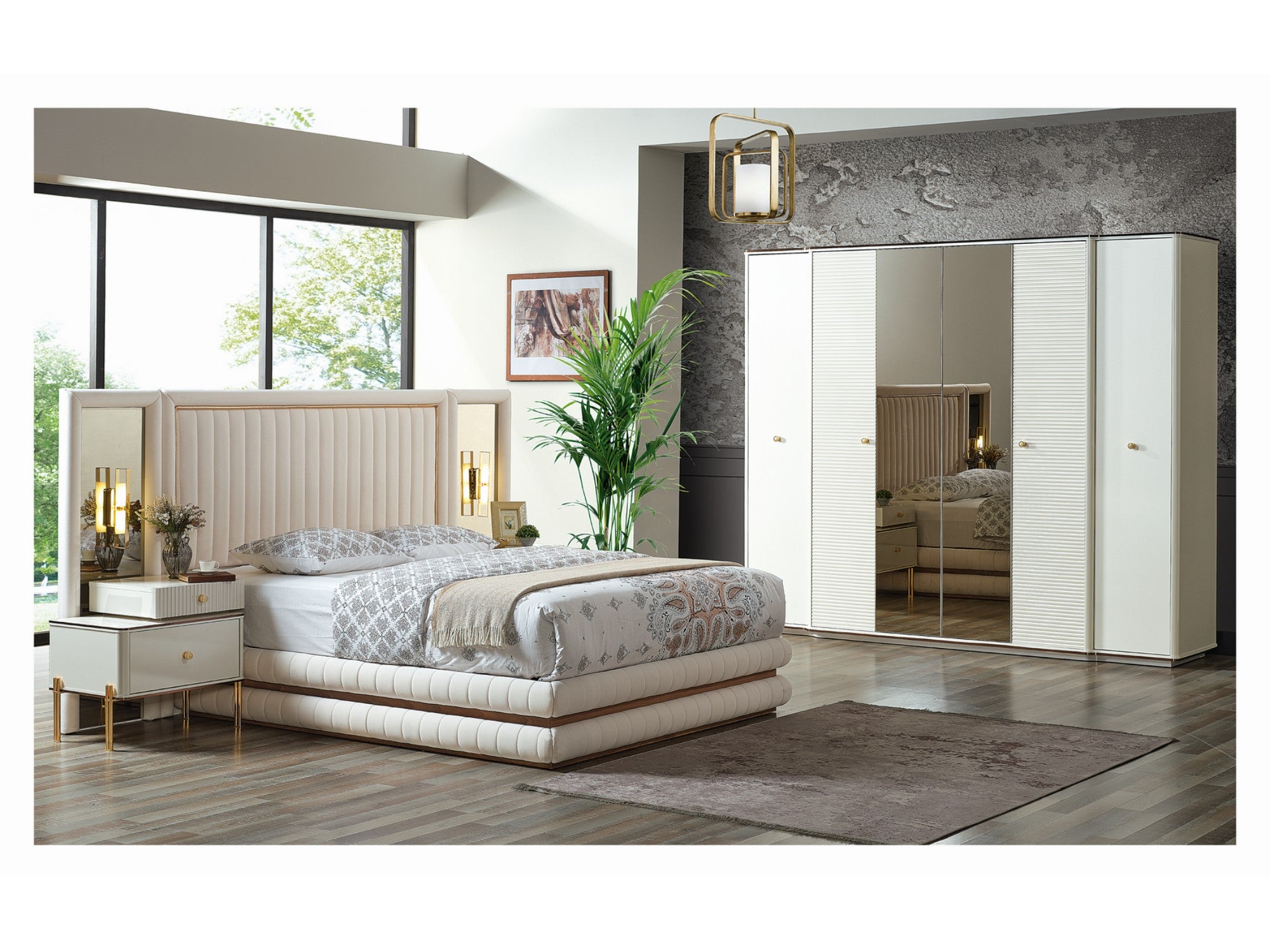 Zumrut Bedroom Set (Queen Storage Bed With Headboard and Side Panel & Dresser With Mirror & 2 Nightstand)