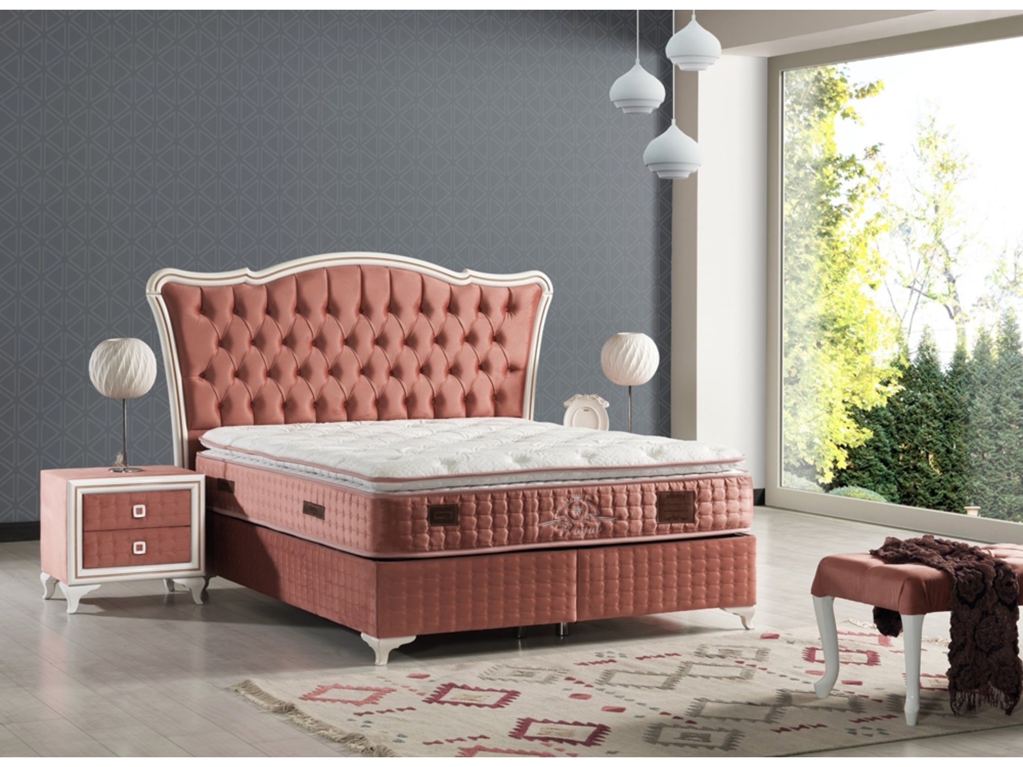 Royal King Set (Storage Bed With Headboard & Bench & 1 Nightstand) Pink