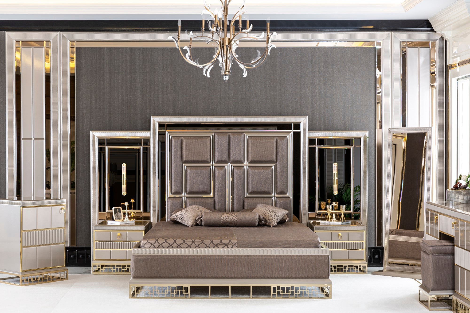 Versace Bedroom (Queen Storage Bed With Headboard & Dresser With Mirror & Pouf & 2 Nightstand With Back Panel & Bench)