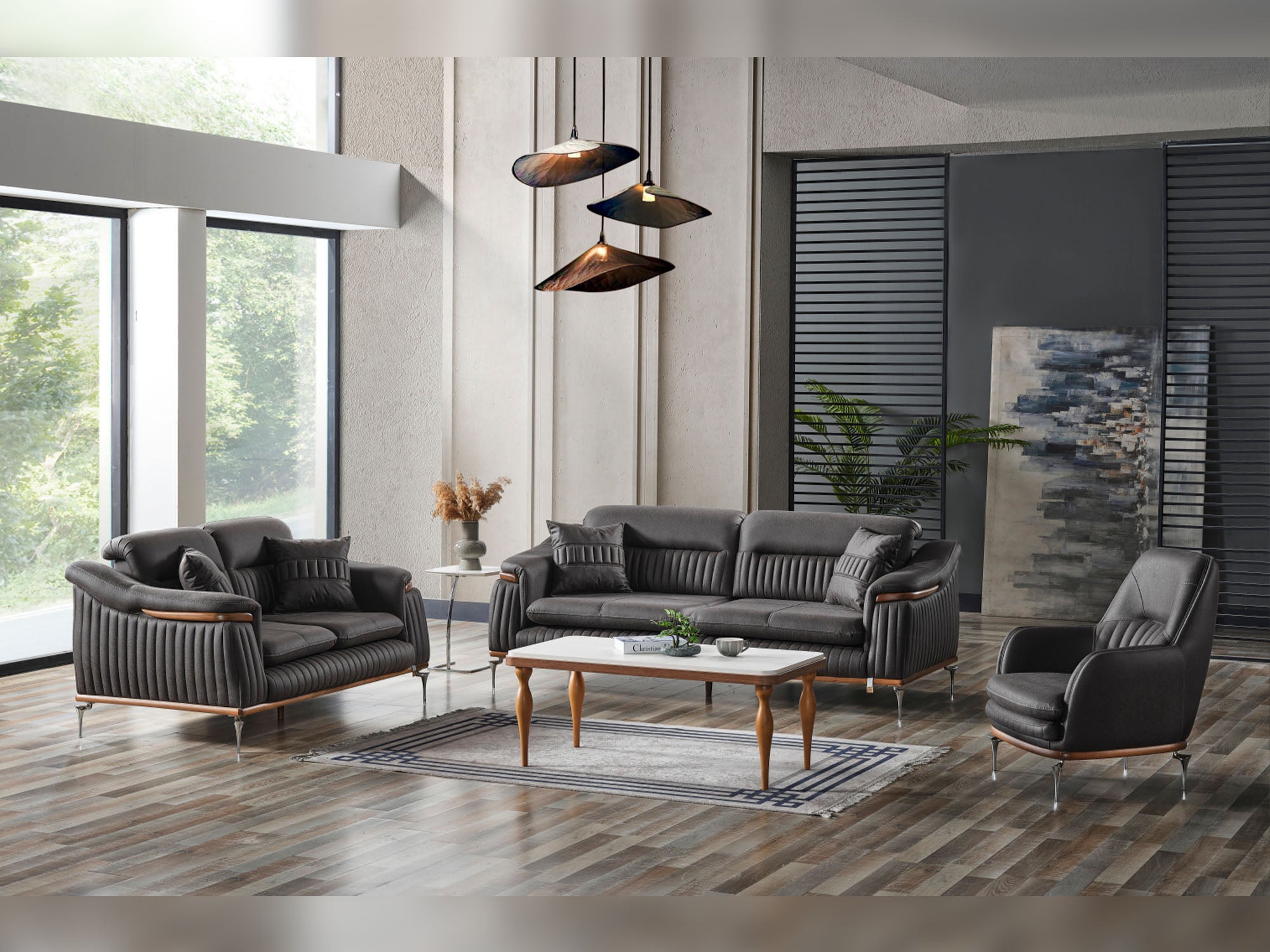 Ahsen 3-pieces (Sofa & Loveseat & Chair) Livingroom Set Dark Grey