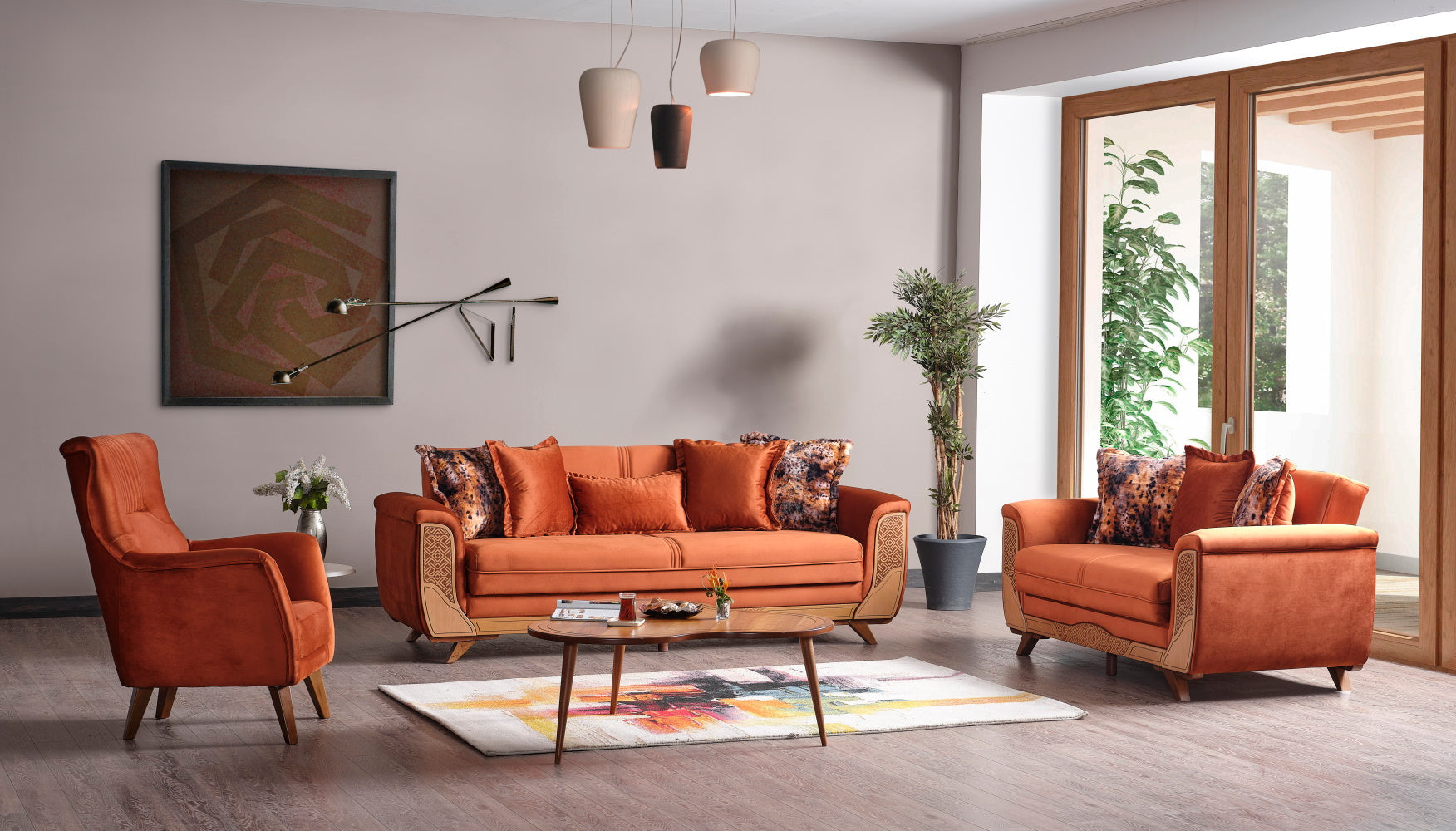 Alyans Convertible Livingroom (1 Sofa & 2 Chair) Orange