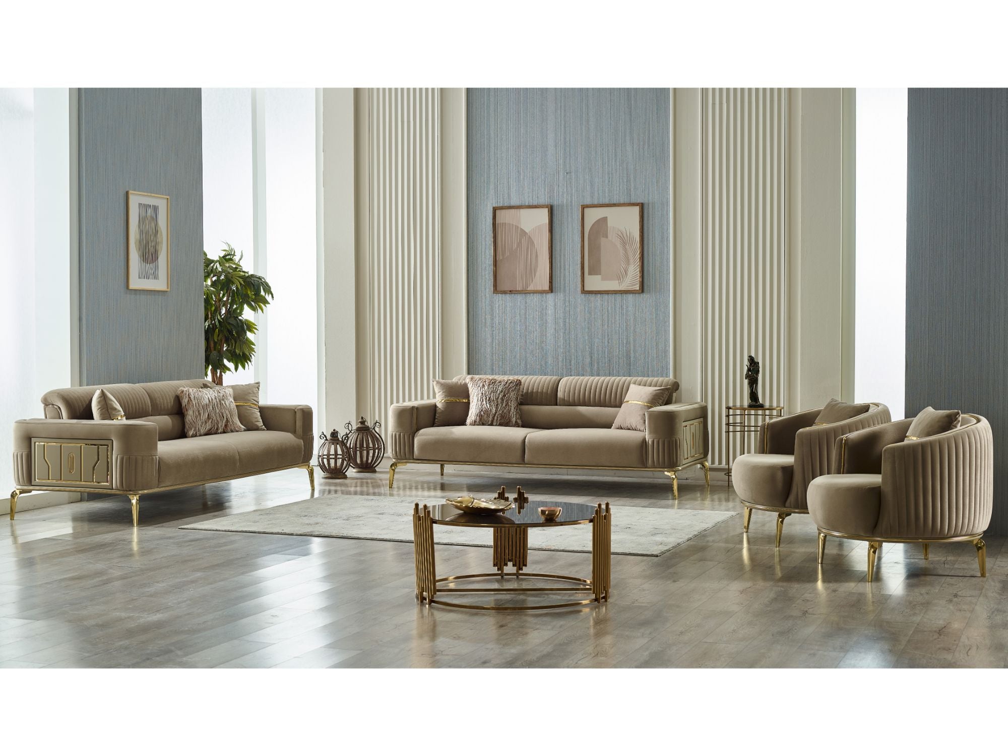 Armoni Convertible Livingroom (2 Sofa & 2 Chair) Beige With Gold Legs