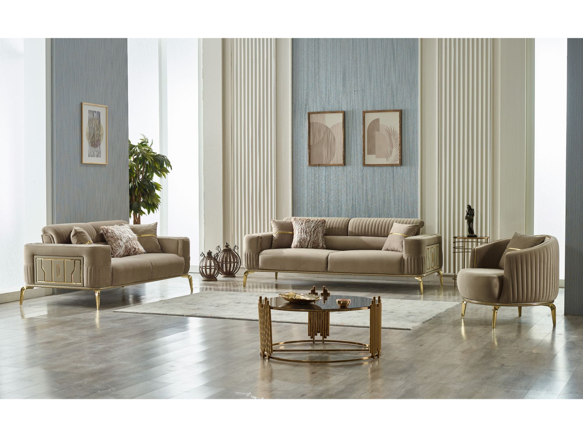 Armoni Convertible Loveseat Beige With Gold Legs