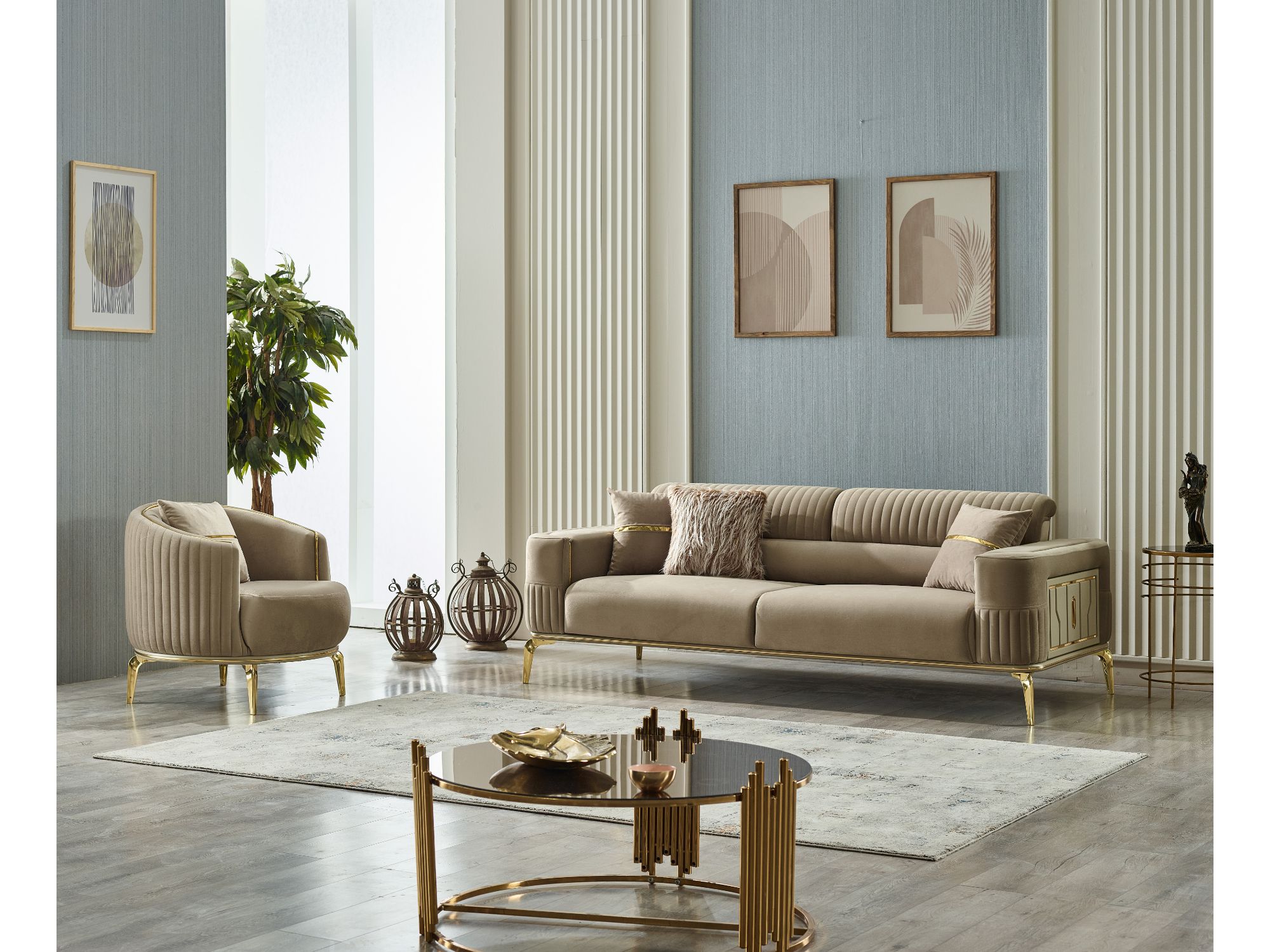 Armoni Convertible Sofa Beige With Gold Legs