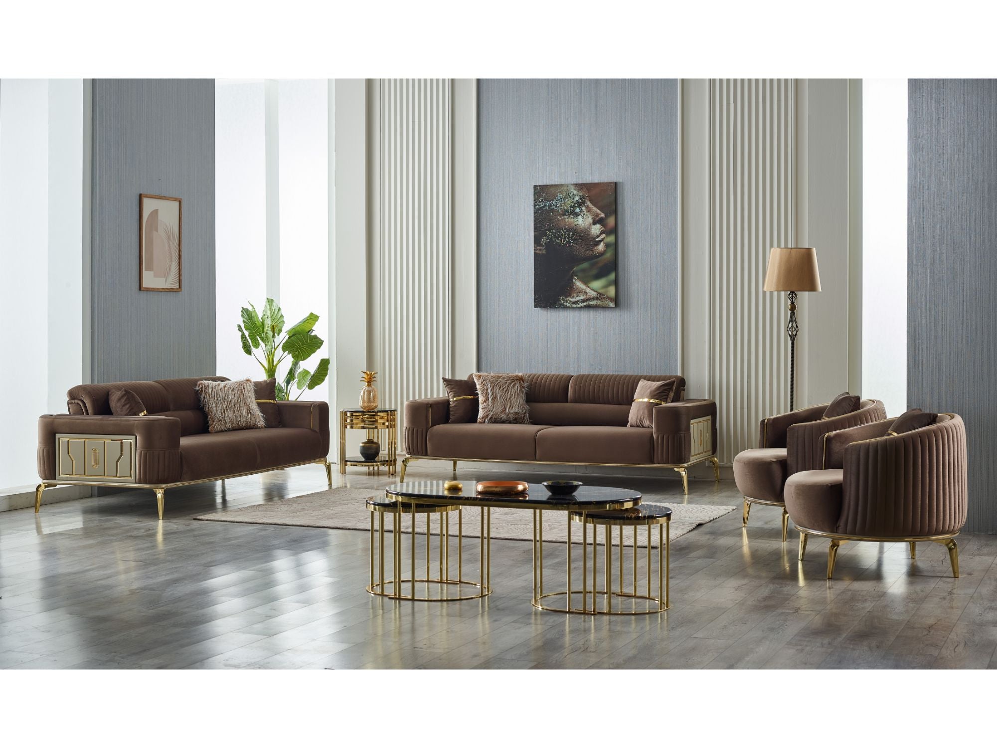 Armoni Convertible Livingroom (2 Sofa & 2 Chair) Brown With Gold Legs
