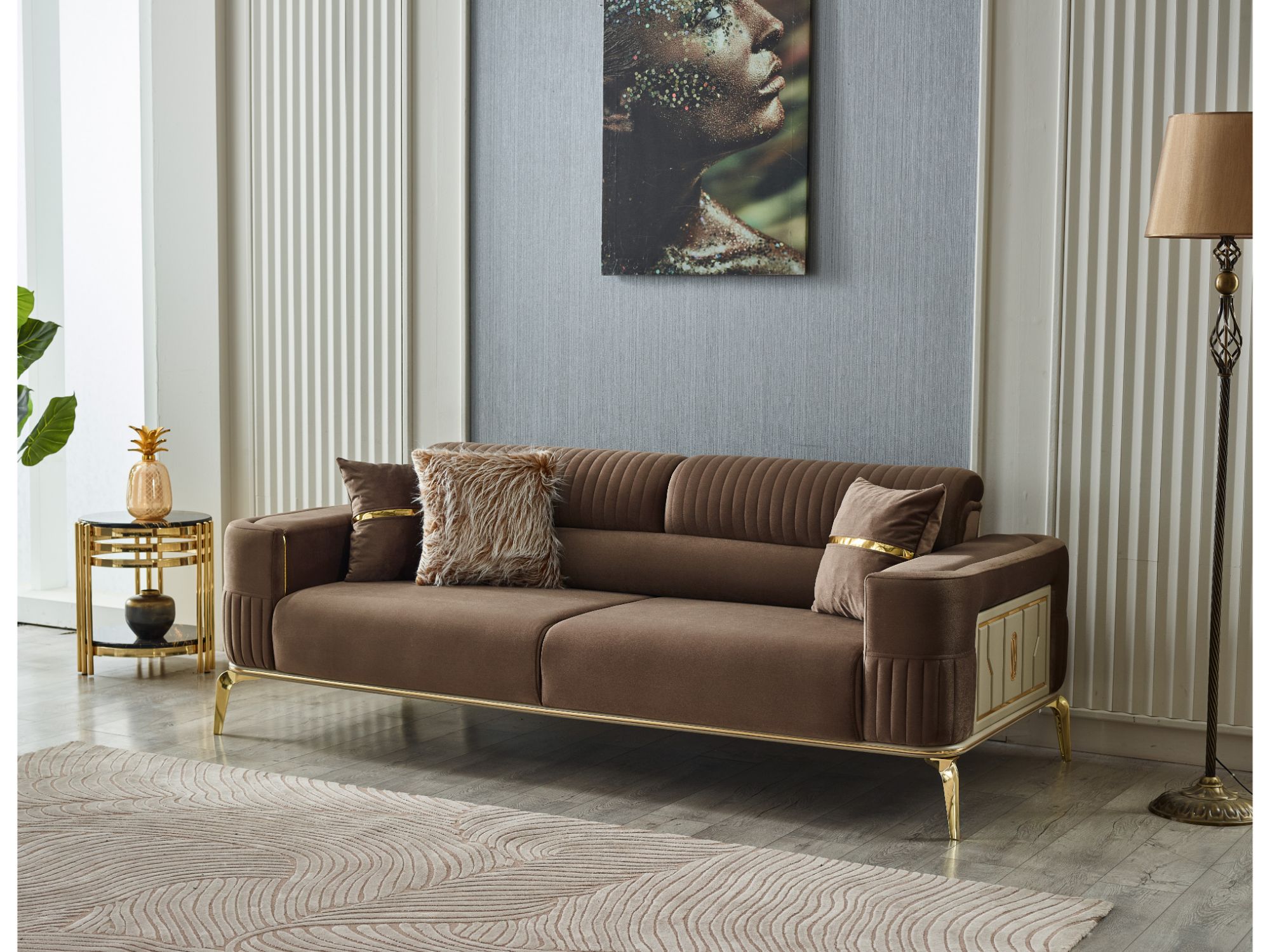 Armoni Convertible Sofa Brown With Gold Legs
