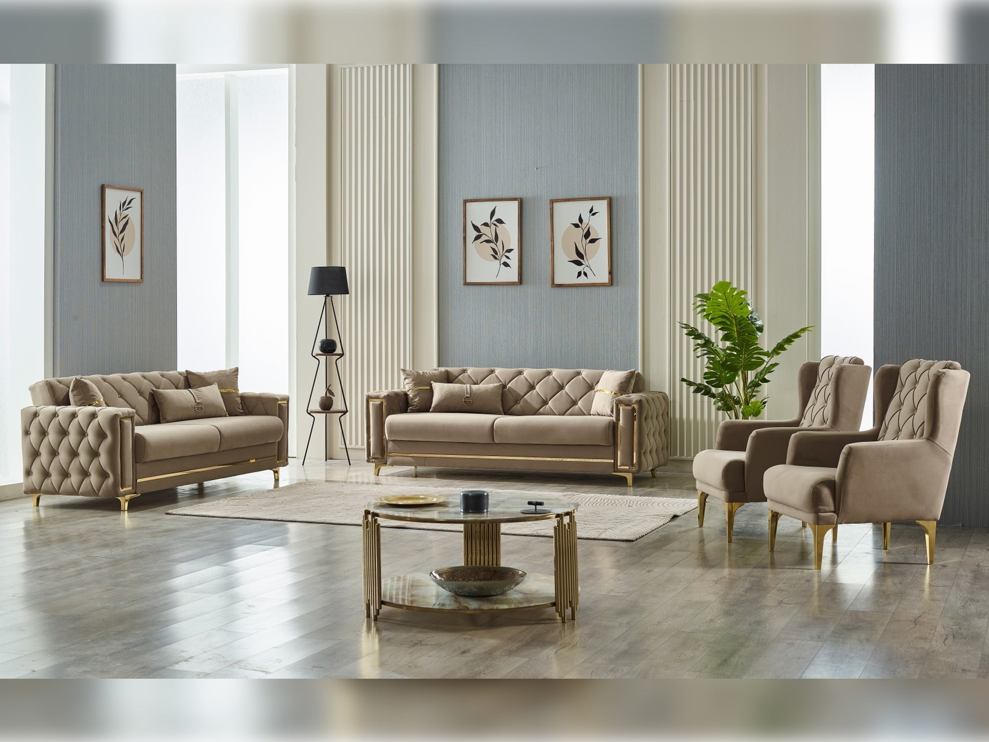 Bolivya Convertible Livingroom (2 Sofa & 2 Chair) Beige  With Gold Leg