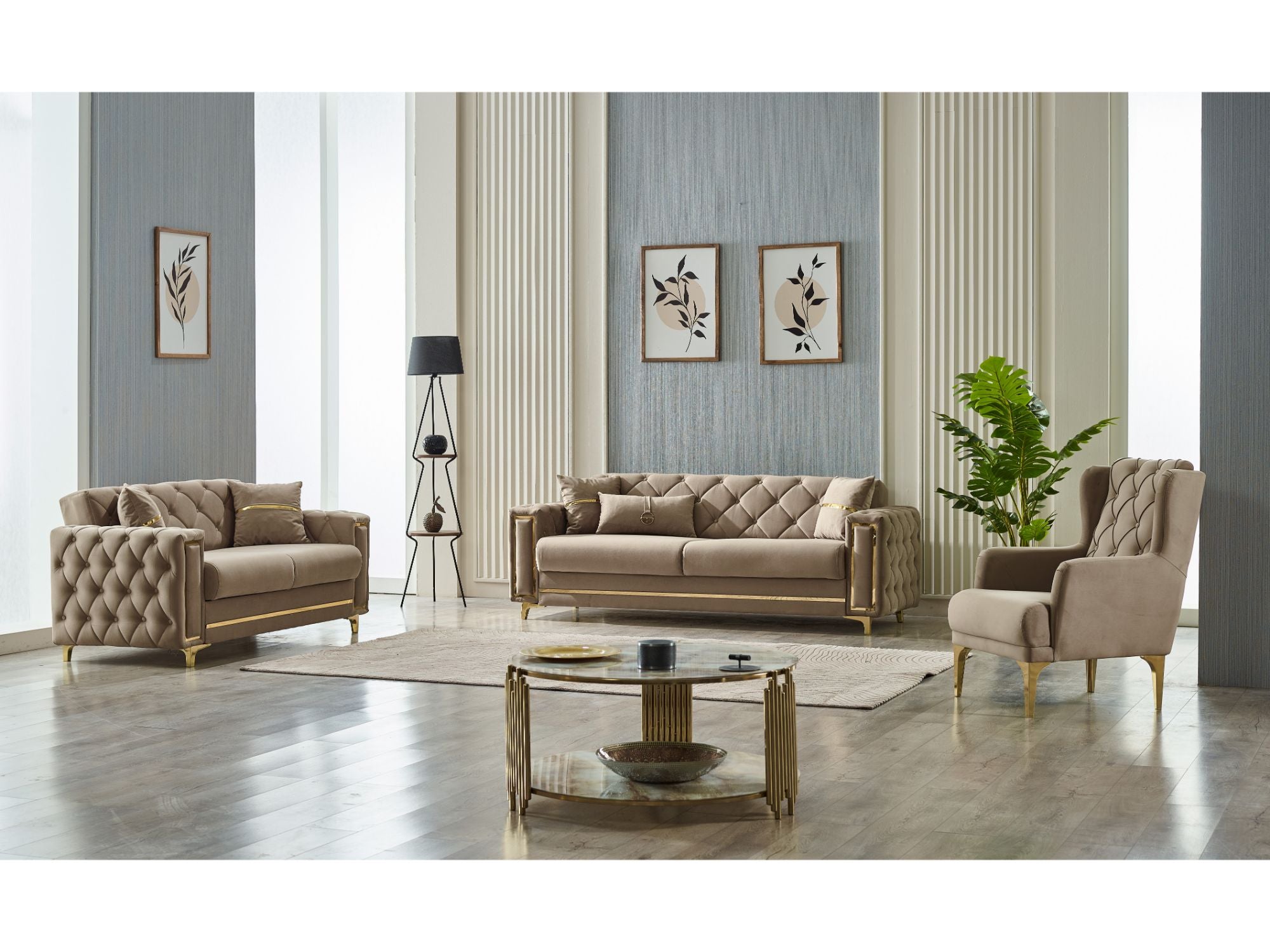 Bolivya Convertible Livingroom (2 Sofa & 2 Chair) Beige  With Gold Leg