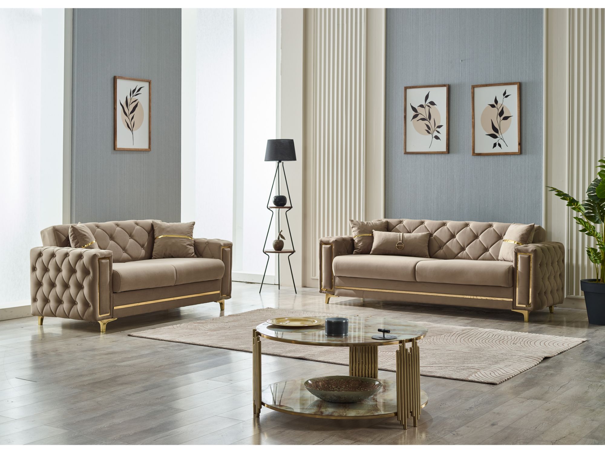 Bolivya Convertible Loveseat Beige With Gold Legs