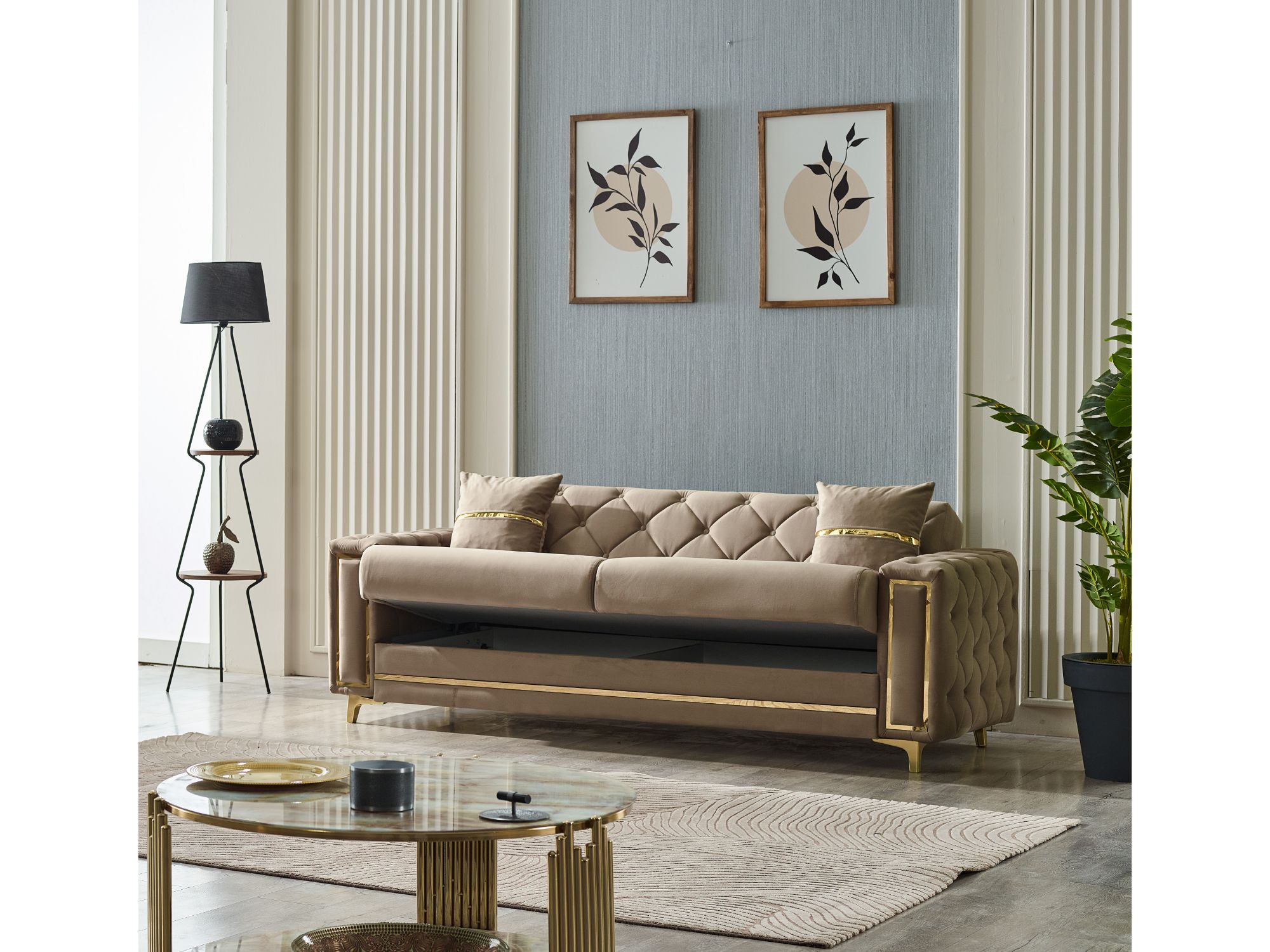Bolivya Convertible Livingroom (2 Sofa & 2 Chair) Beige  With Gold Leg