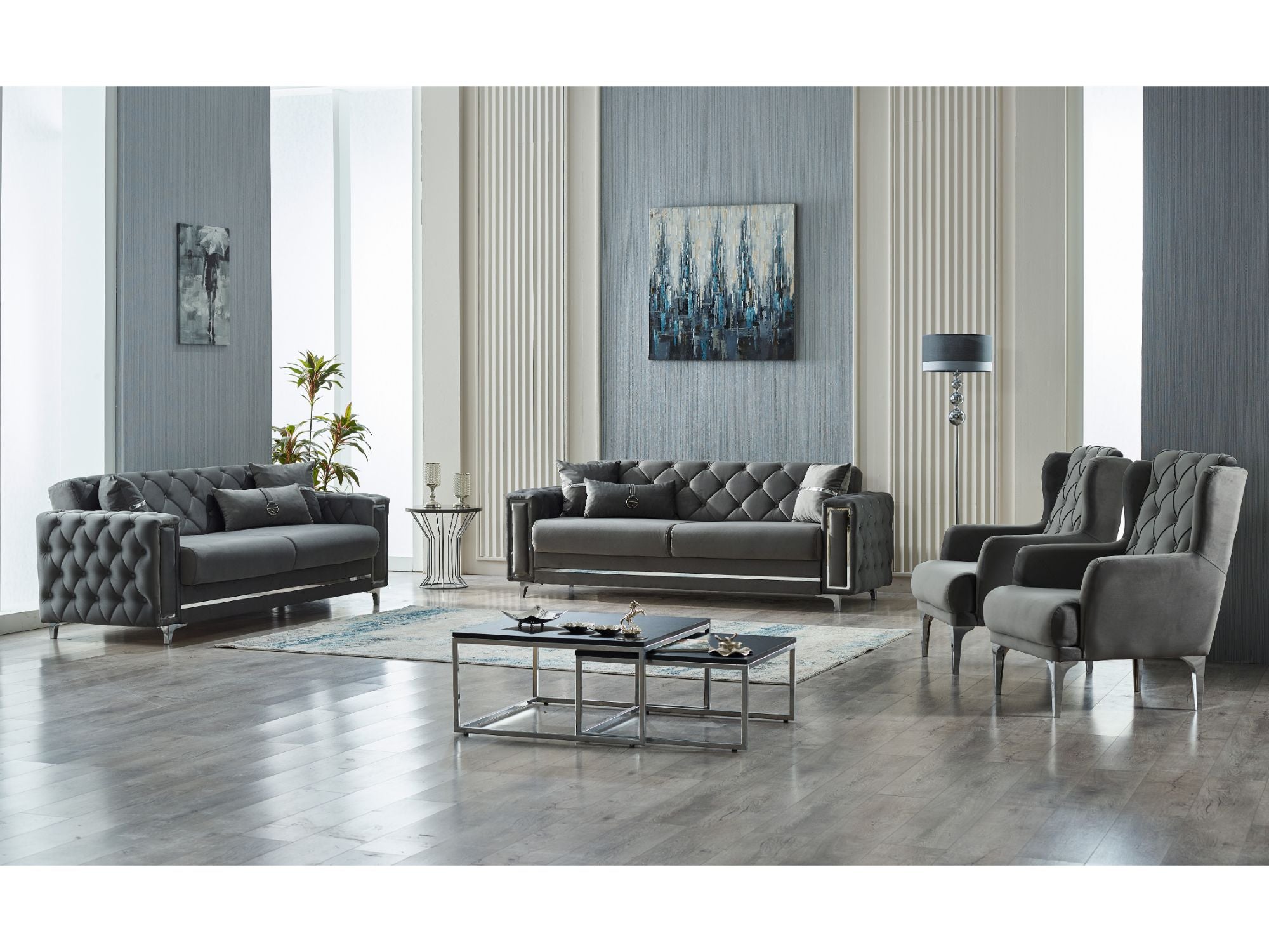 Bolivya Convertible Livingroom (2 Sofa & 2 Chair) Grey With Silver Leg