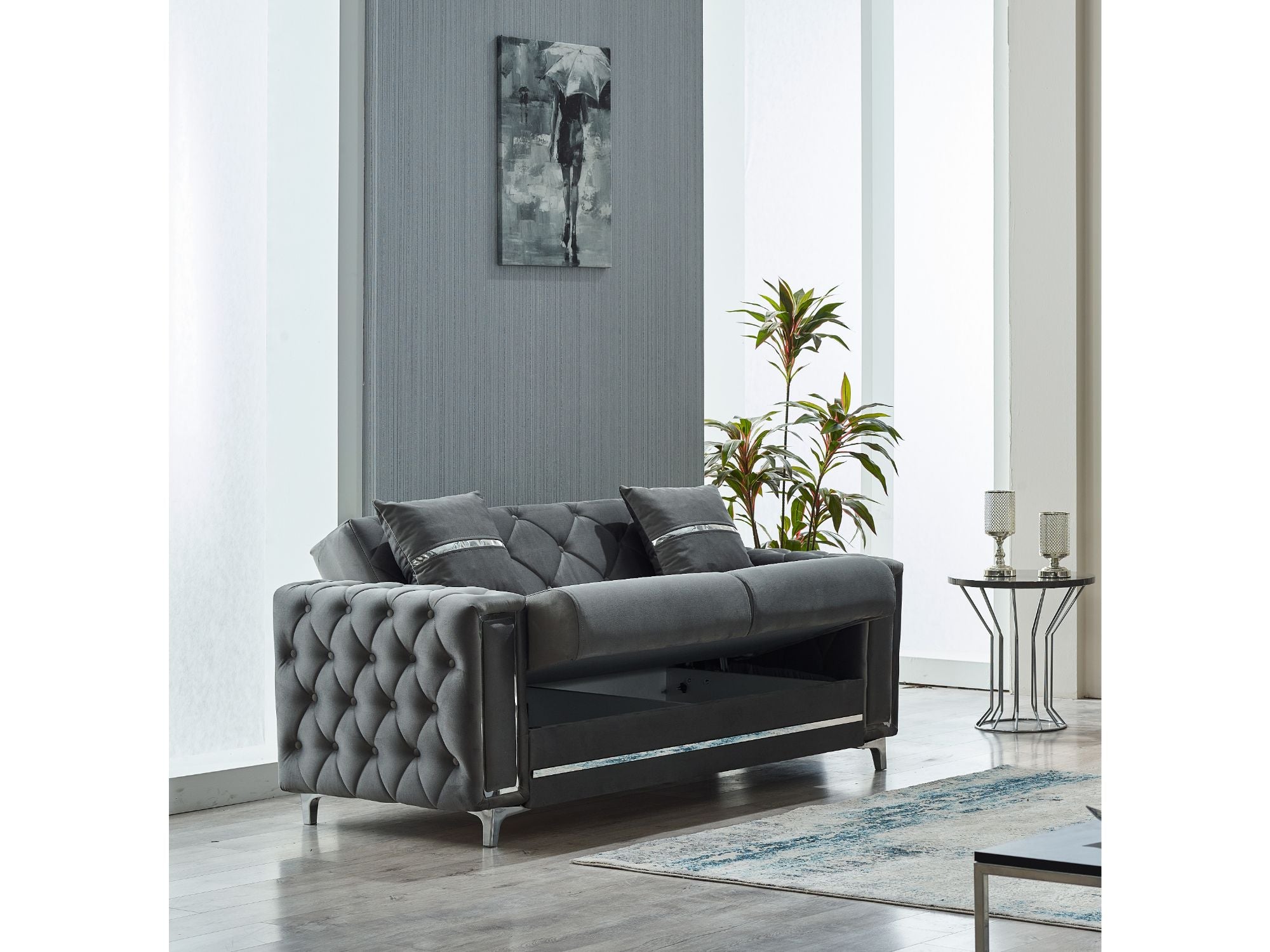 Bolivya Convertible Loveseat Grey With Silver Legs