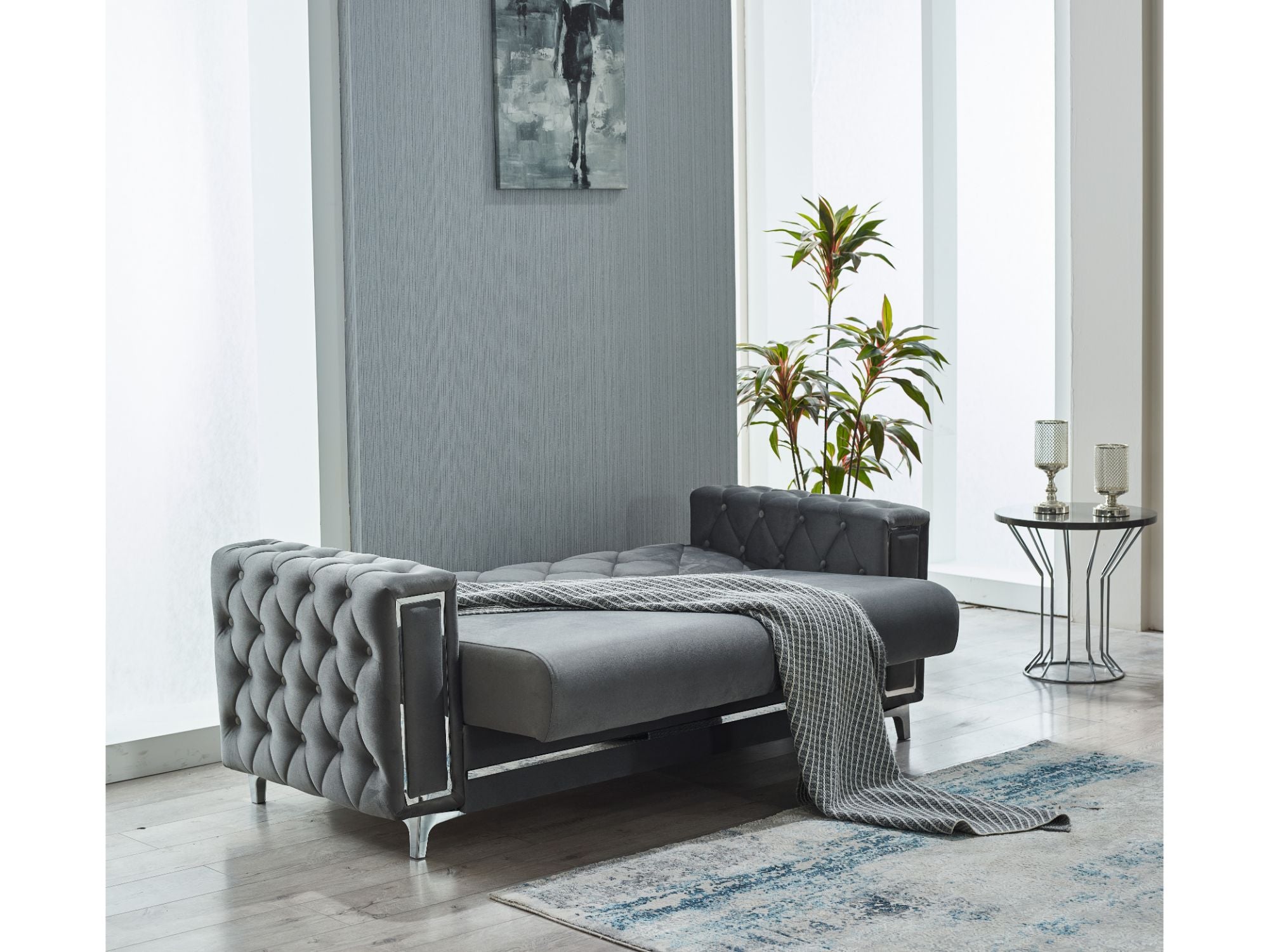 Bolivya Convertible Loveseat Grey With Silver Legs