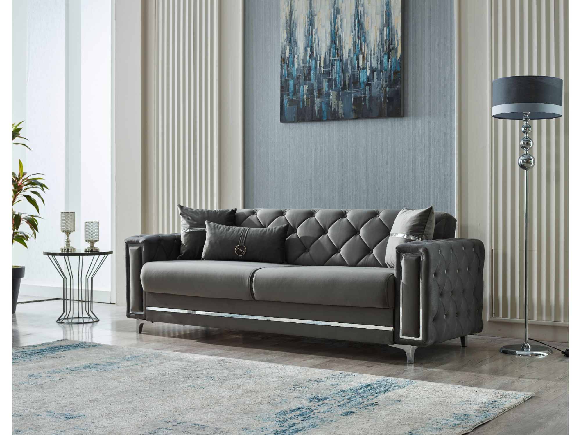 Bolivya Convertible Sofa Grey With Silver Legs