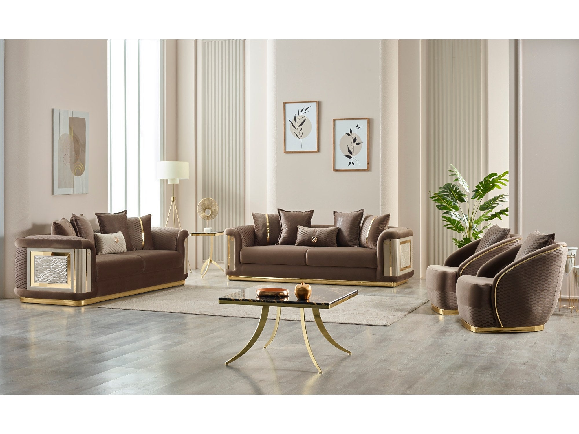 Elegance Stationary Livingroom 2 Sofa Chair Brown