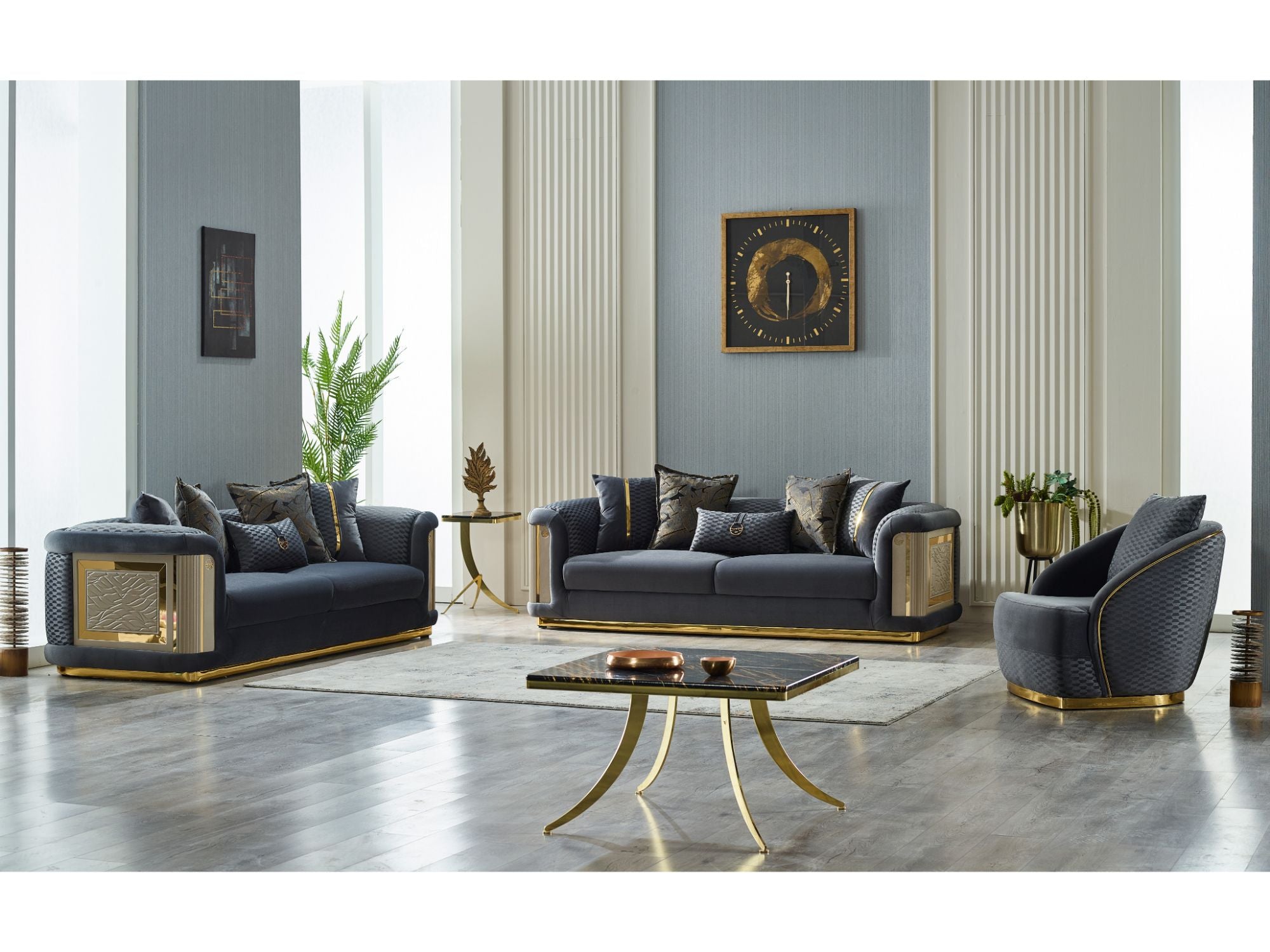 Elegance Stationary Livingroom (2 Sofa & 2 Chair) Dark Grey