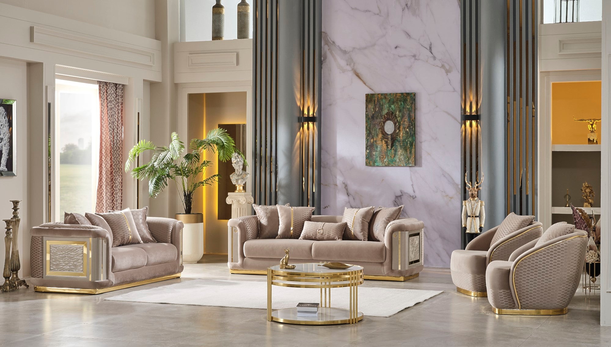 Elegance Stationary Livingroom (2 Sofa & 2 Chair) Beige