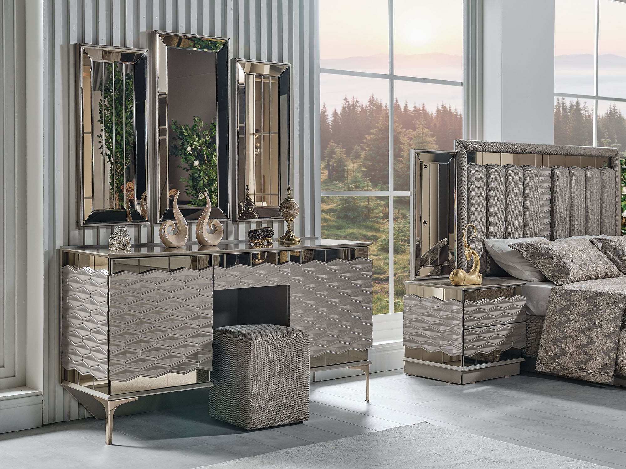 Gokce Dresser With Mirror & Ottoman