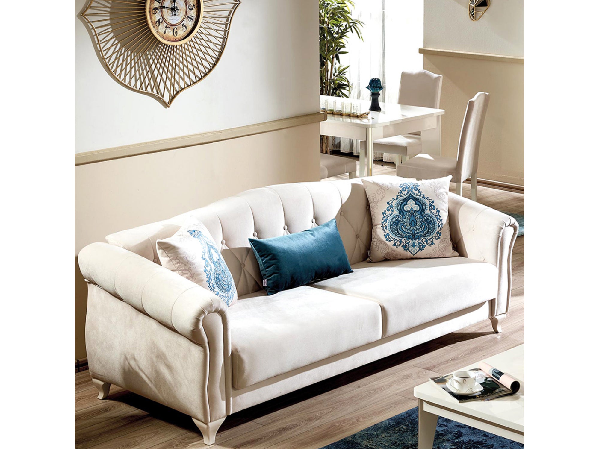 Melis Stationary Livingroom (2 Cream Sofa & 2 Blue Chair)