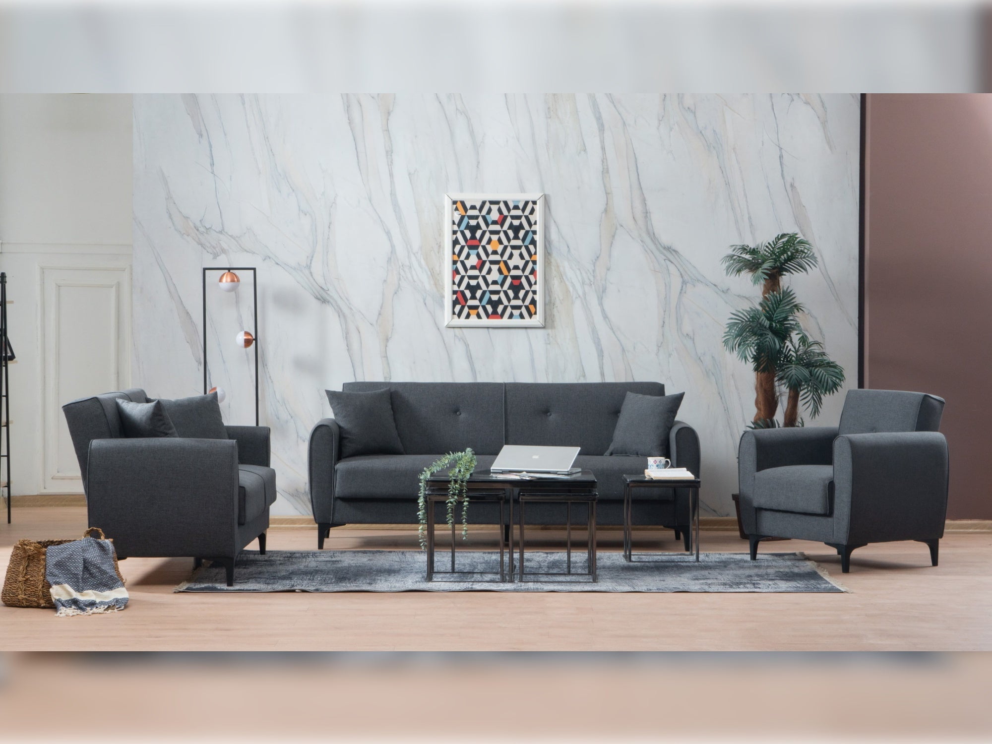Leo Convertible Livingroom (1 Sofa & 2 Chair) Grey