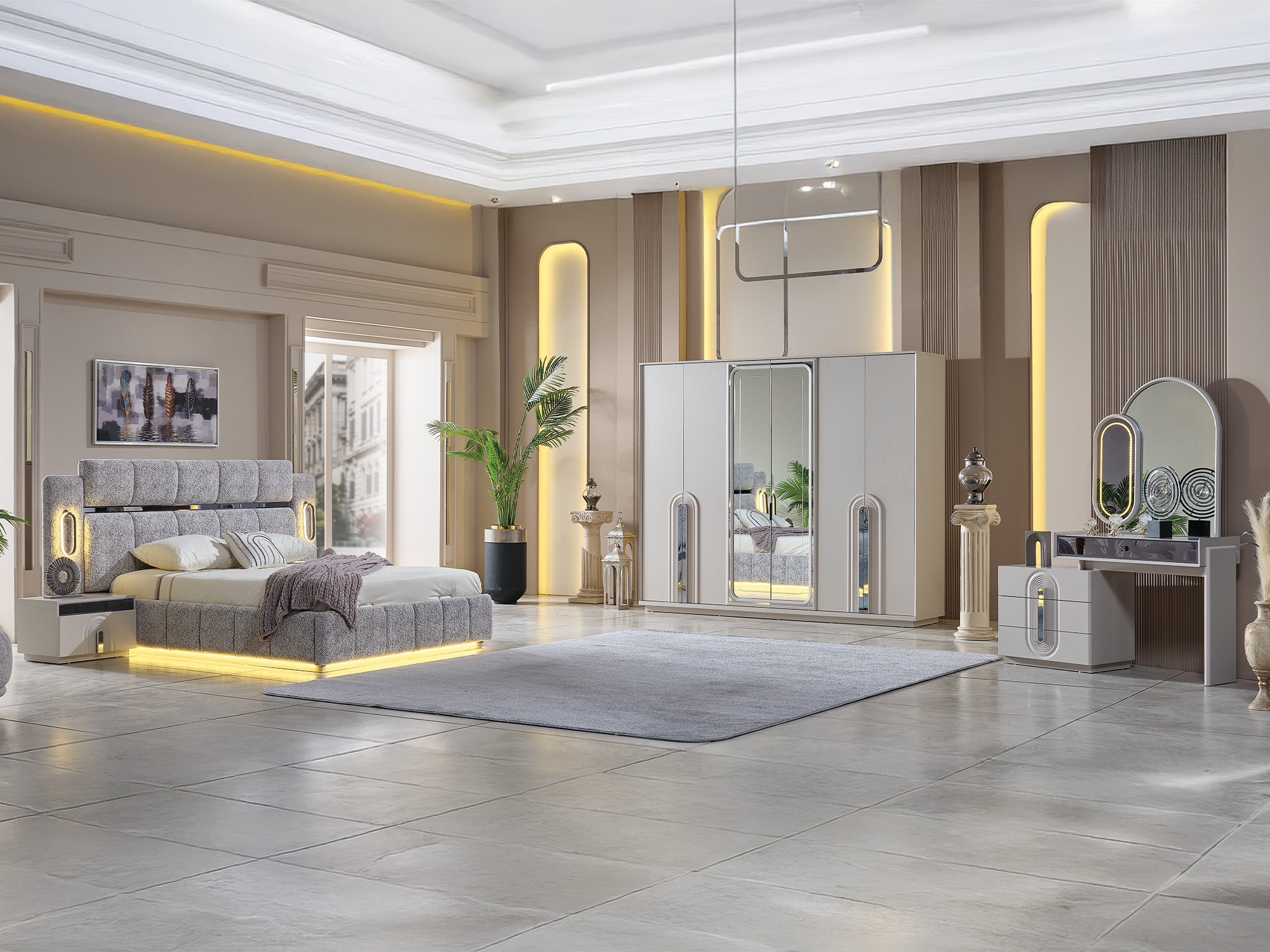 Parma Bedroom (Queen Frame With Headboard & Dresser With Mirror & 2 Nightstand)