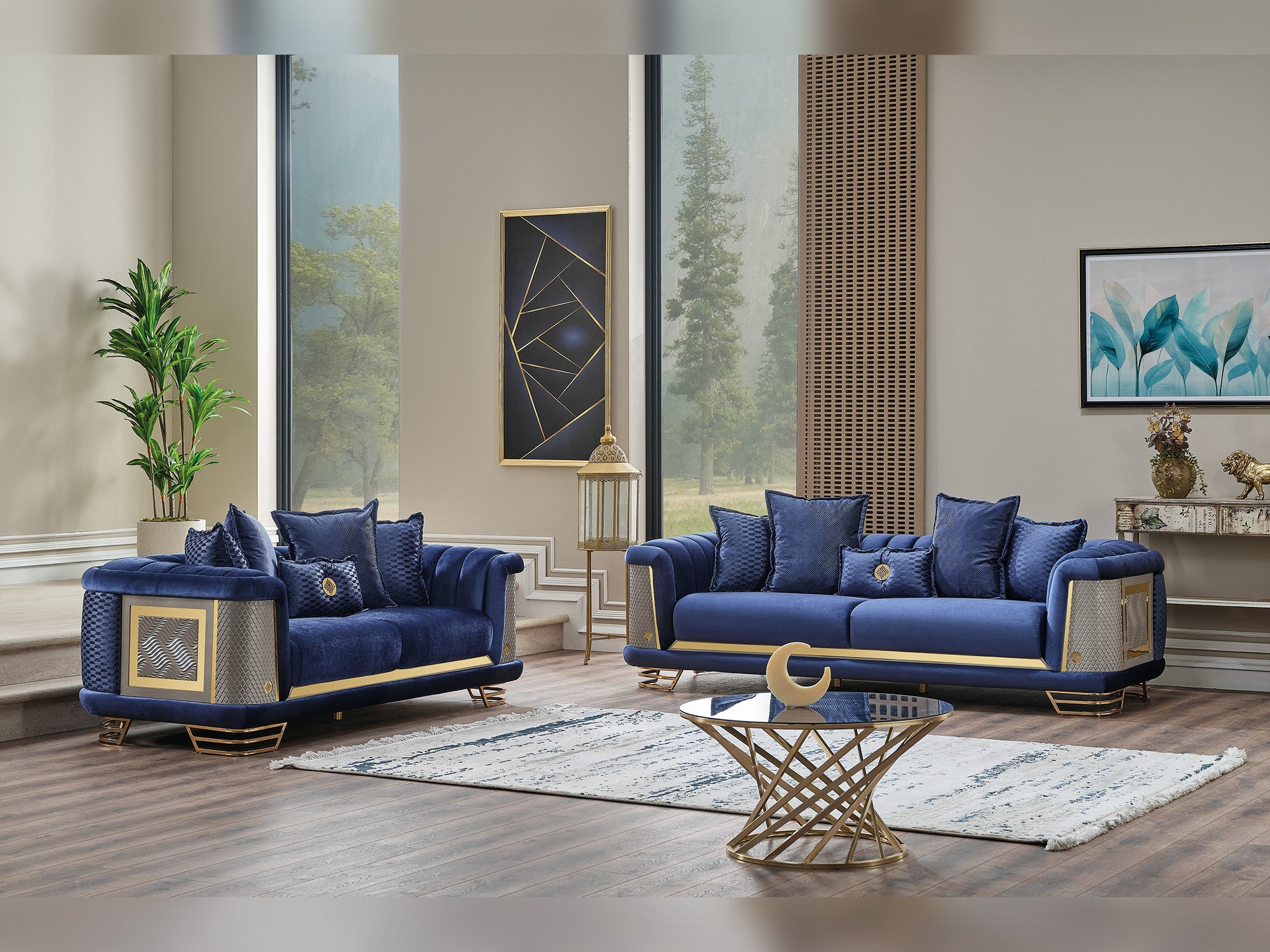 Romans 3-pieces (Sofa & Loveseat & Chair) Livingroom Set Navy Blue