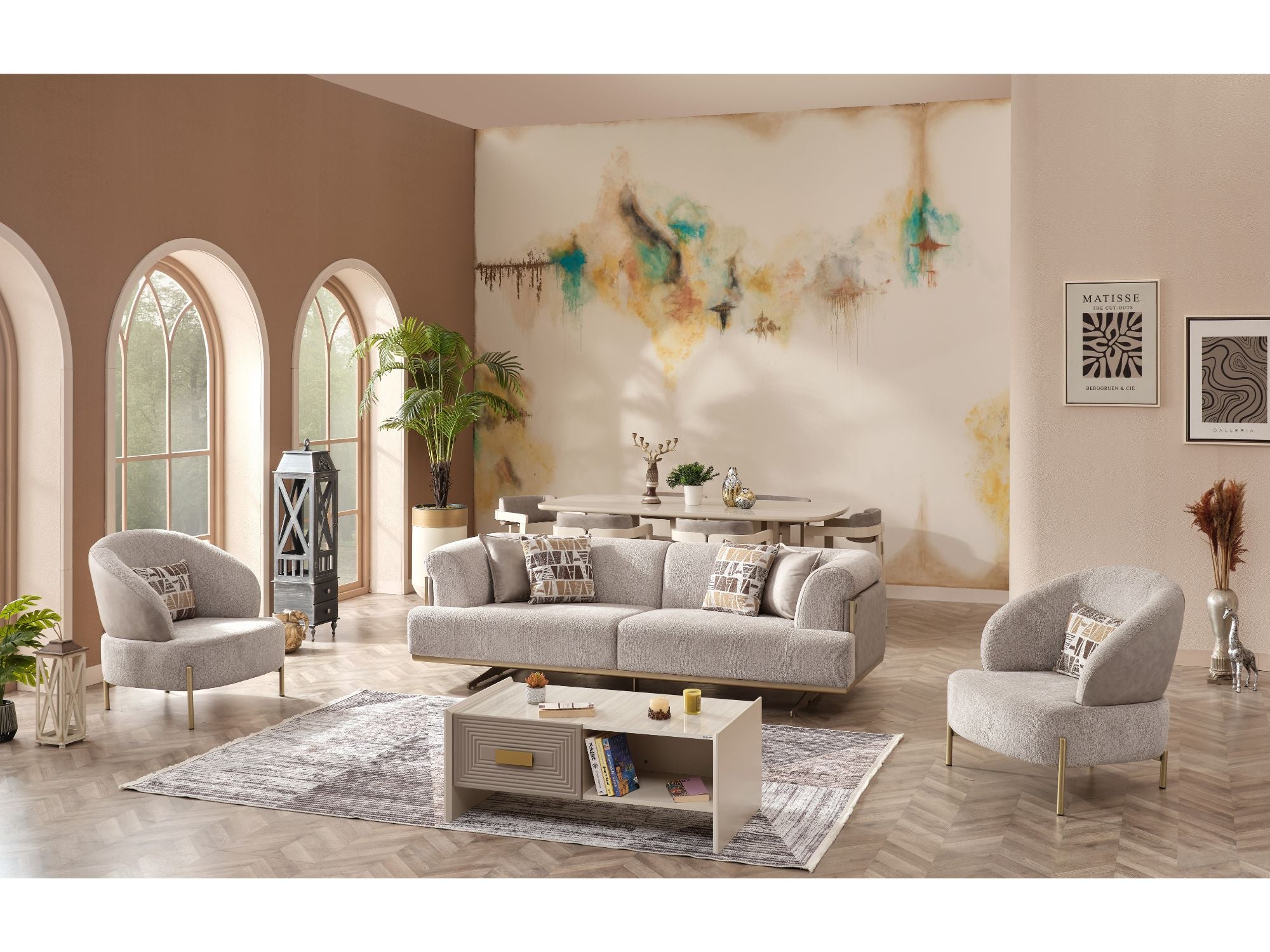 Urla Stationary Livingroom Set (1 Sofa & 1 Module Sofa & 2 Chair) Cream