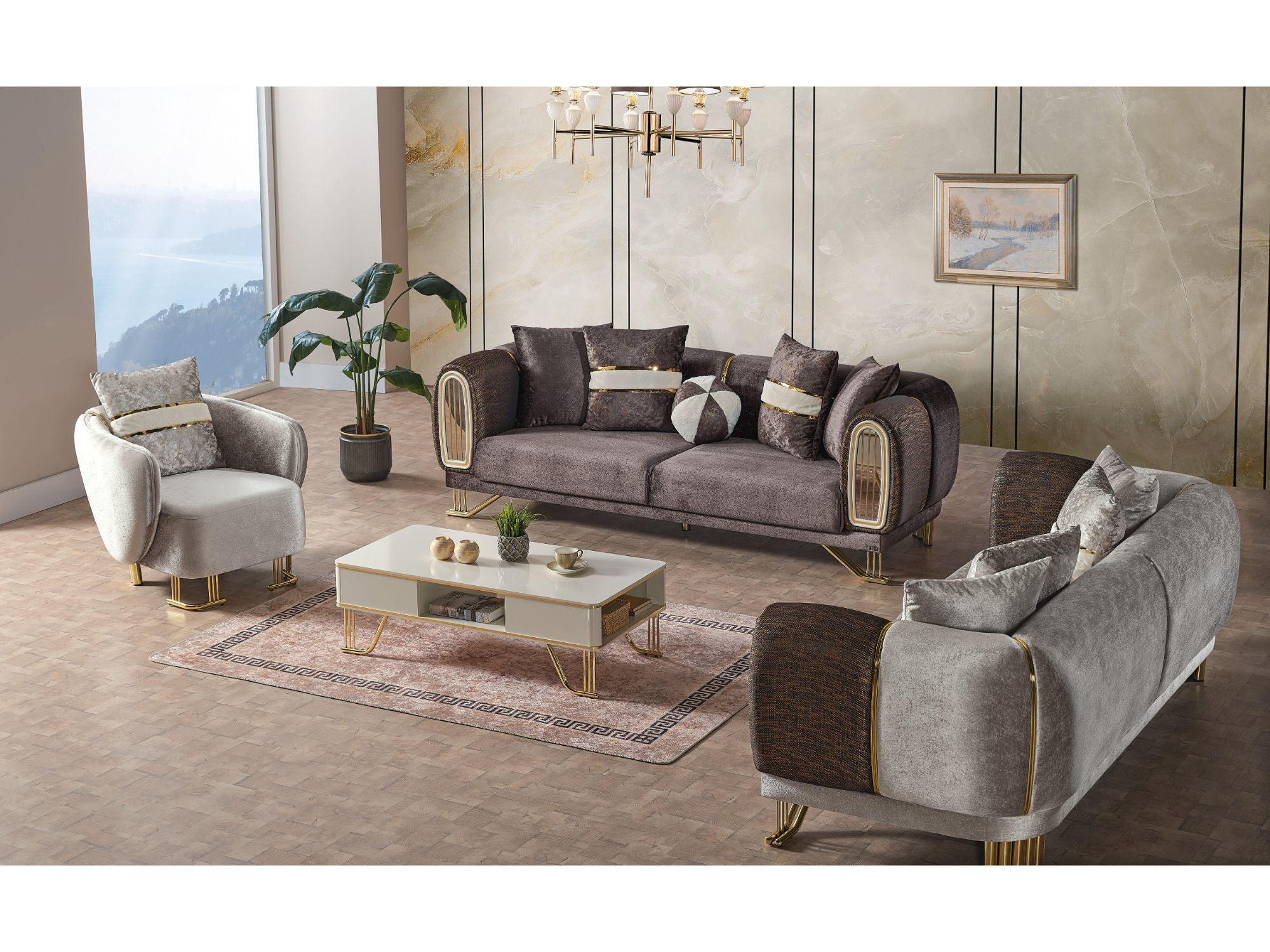 Valence Stationary Livingroom Set (1 Silver Sofa & 1 Anthracite Sofa & 2 Silver Chair)