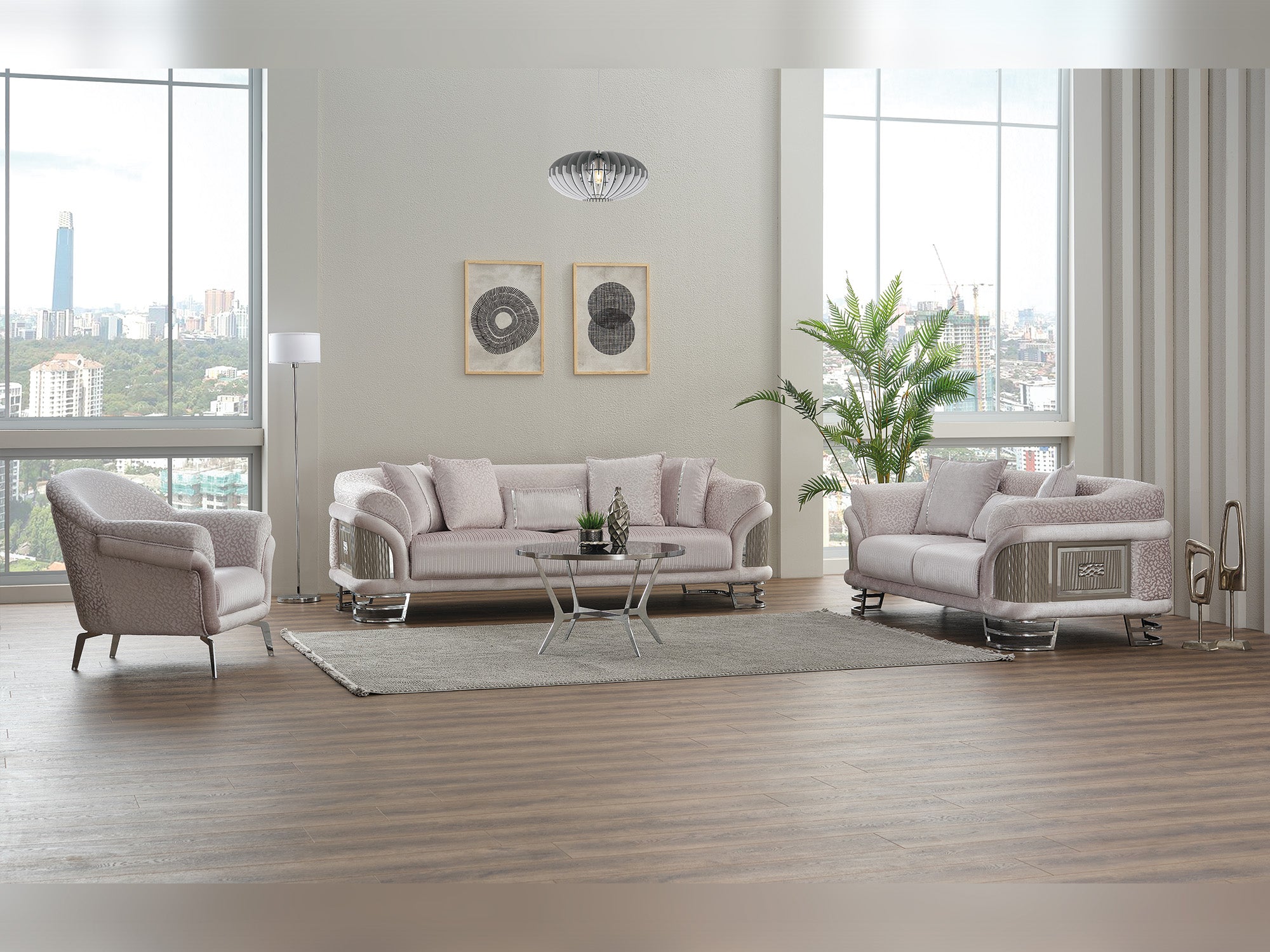 Versace 3-pieces (Sofa & Loveseat & Chair) Livingroom Set Light Grey