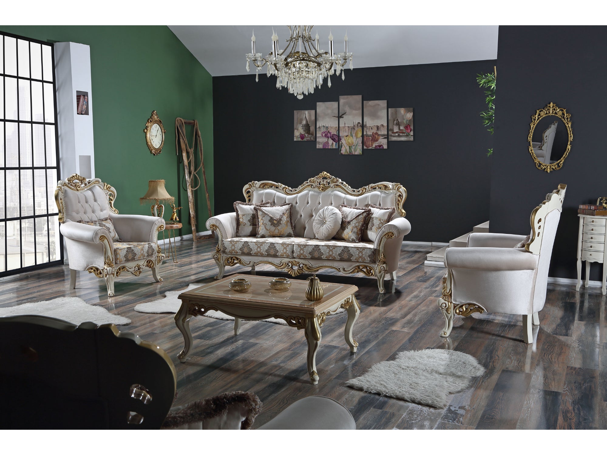 Yakut Traditional Livingroom (2 Sofa & 1 Chair ) Cream