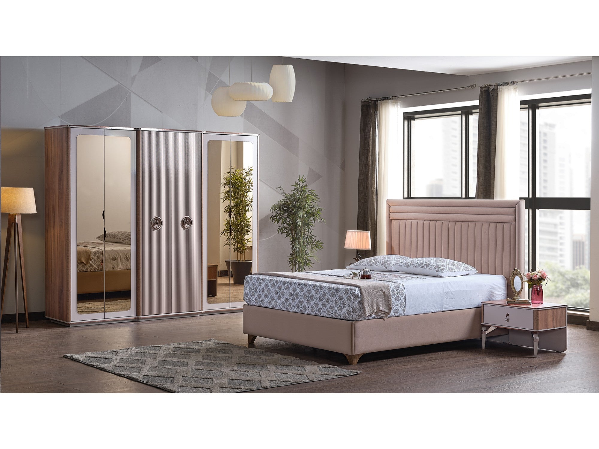 Akik Bedroom Set (Queen Storage Bed With Headboard & Dresser With Mirror & 2 Nightstand)