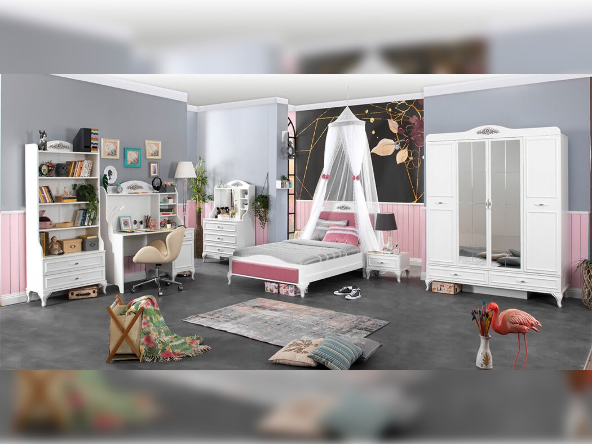 Angle Kids Room Set (Twin Bed & Bunkbed & 2 Bookcases &  Study Desk &  Nightstand & Chiffonier With Mirror)